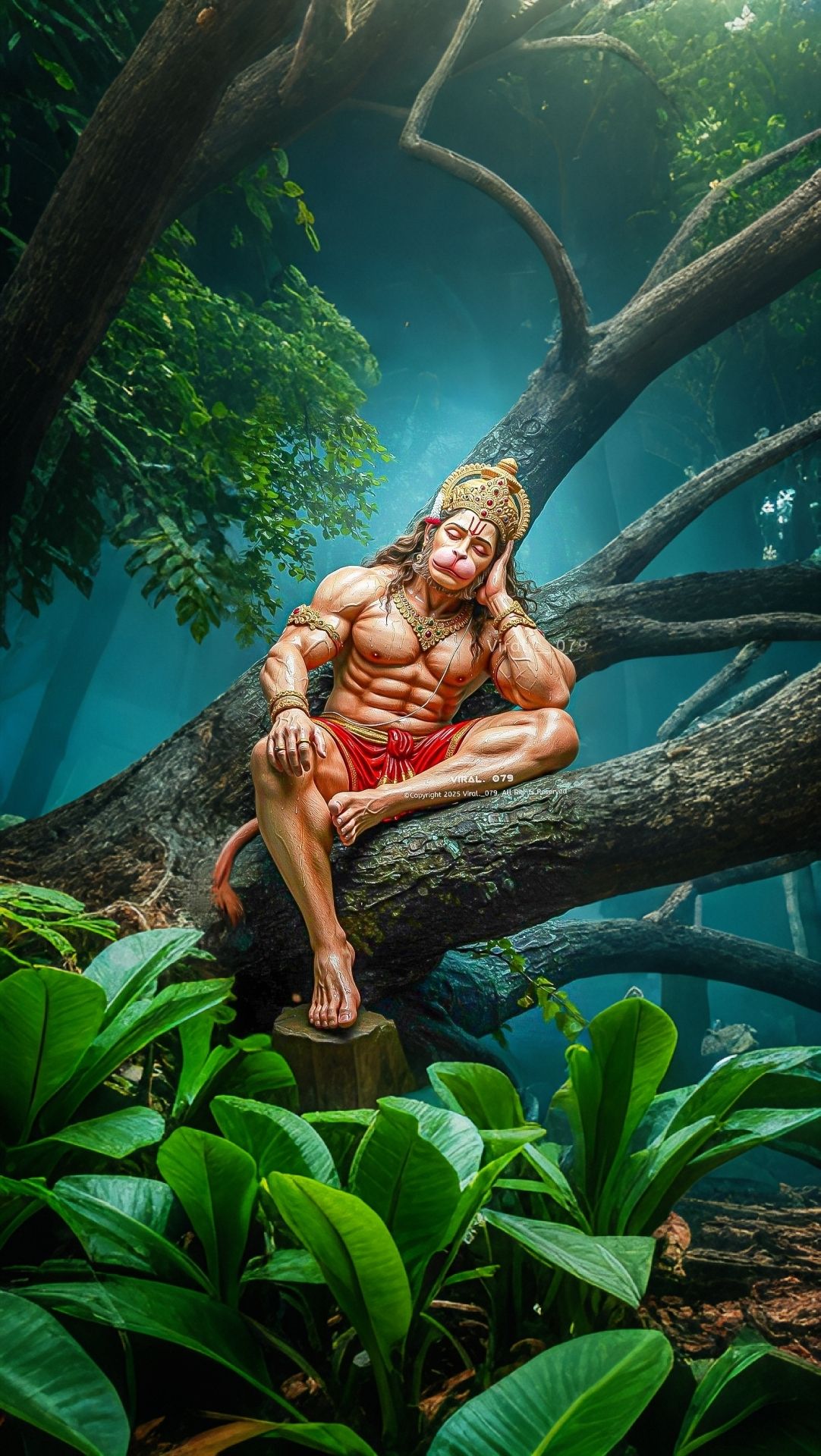 Hanuman meditating under a lush tree