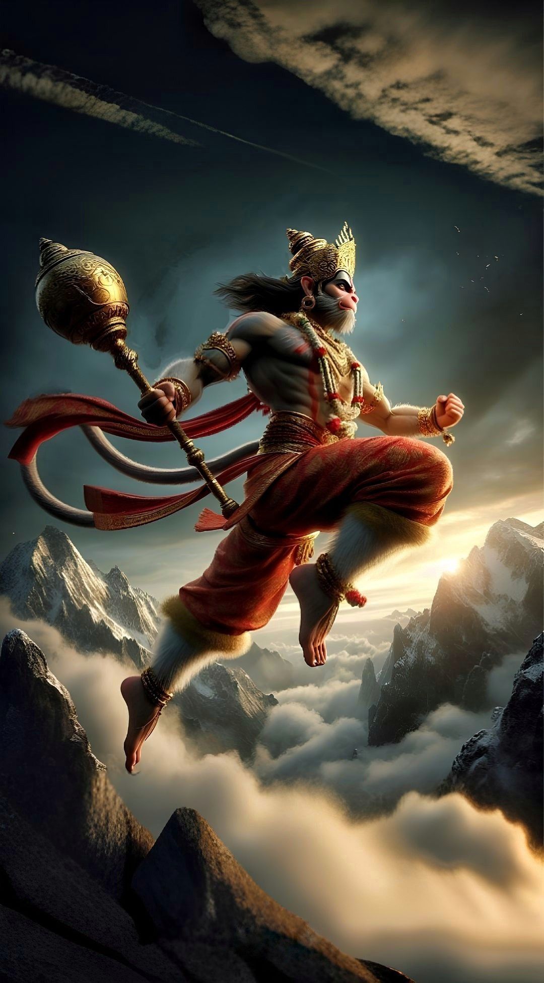 Hanuman flying with mace and mountains.