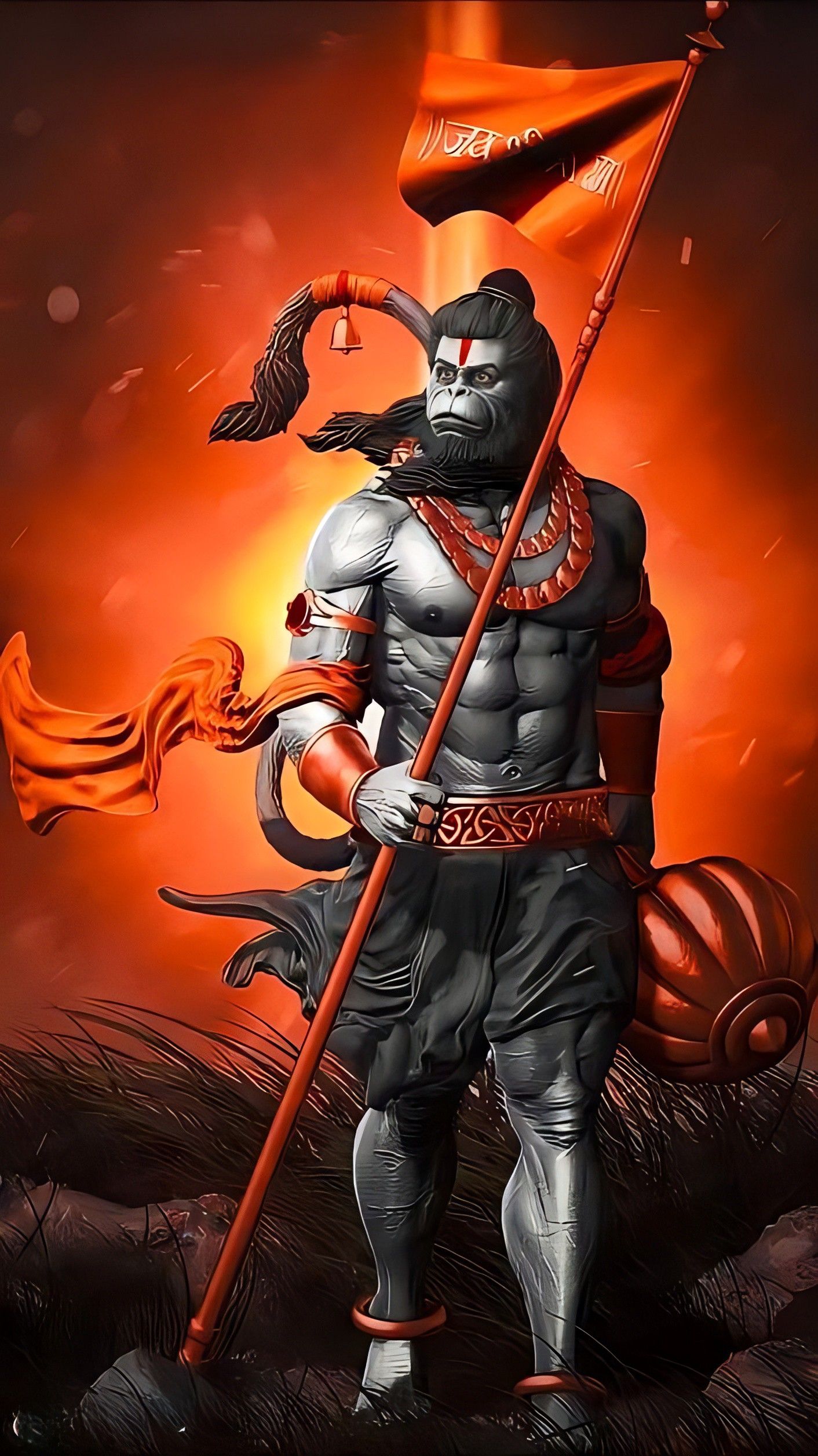 Powerful Hanuman with mace, devotional wallpaper.