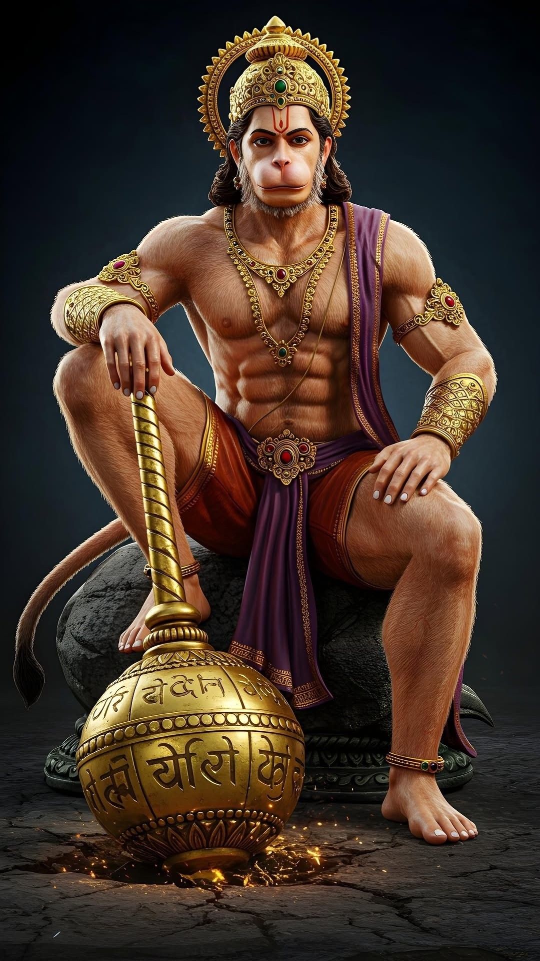 Powerful Hanuman with mace, divine protector.