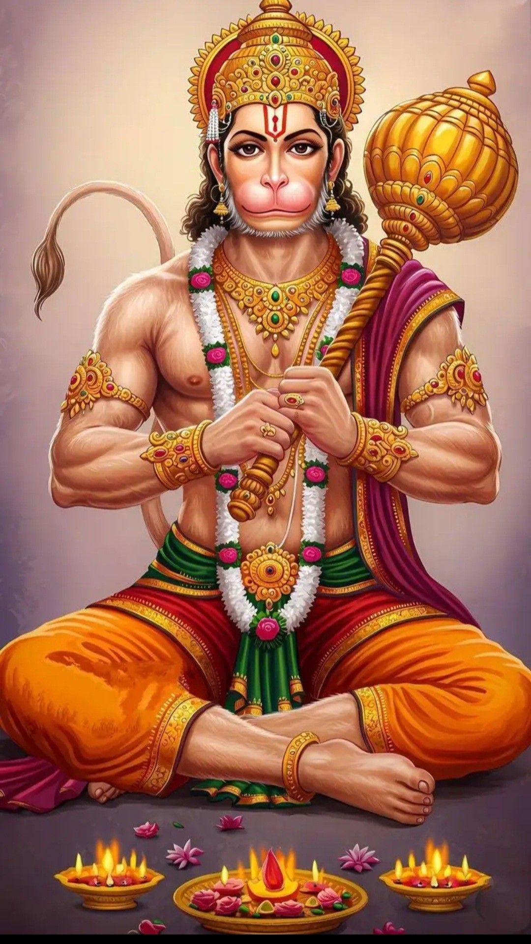Hanuman in prayer with golden mace