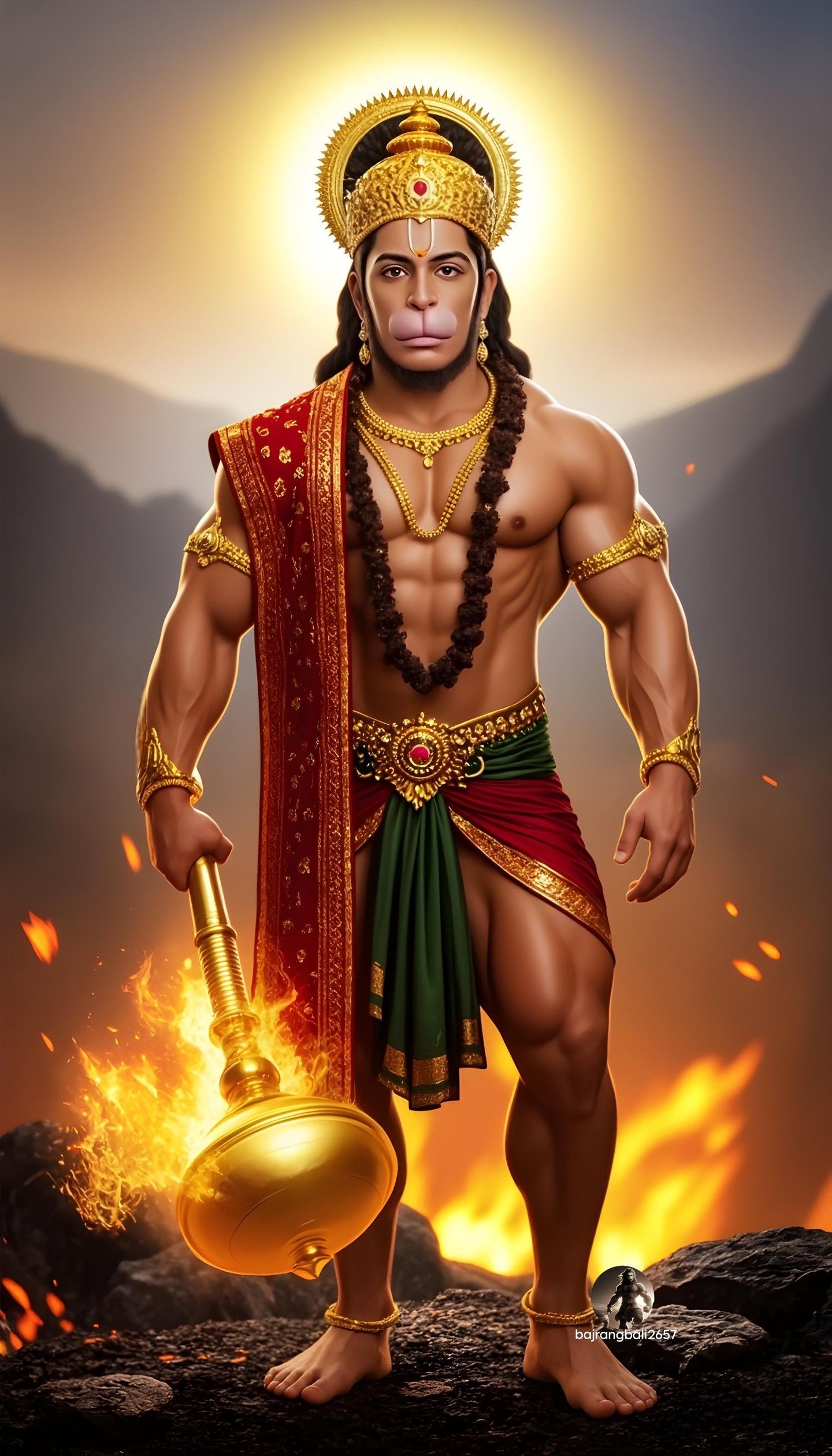 Powerful Hanuman with mace, divine portrait.