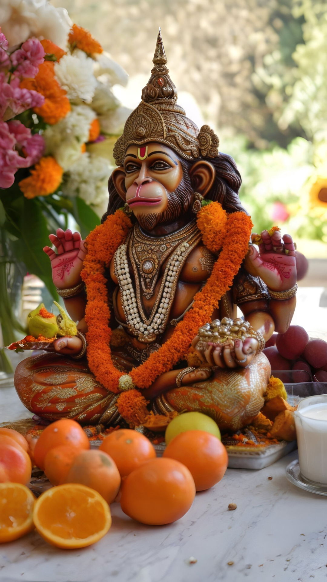 Hanuman idol with oranges and flowers.