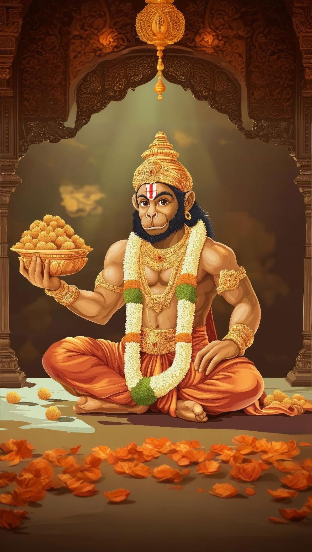 Hanuman offering ladoos, devotional wallpaper