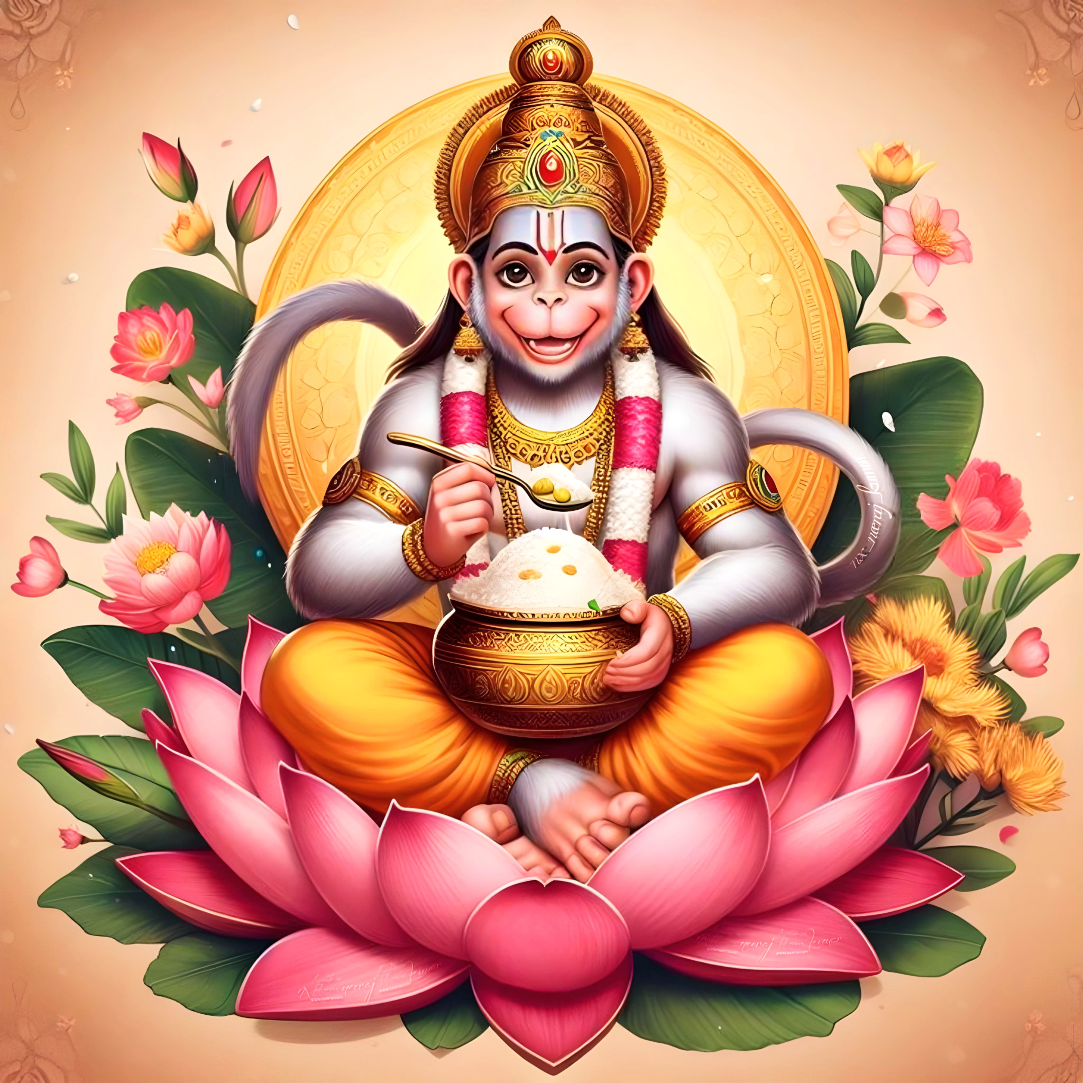 Hanuman seated with sweet offering