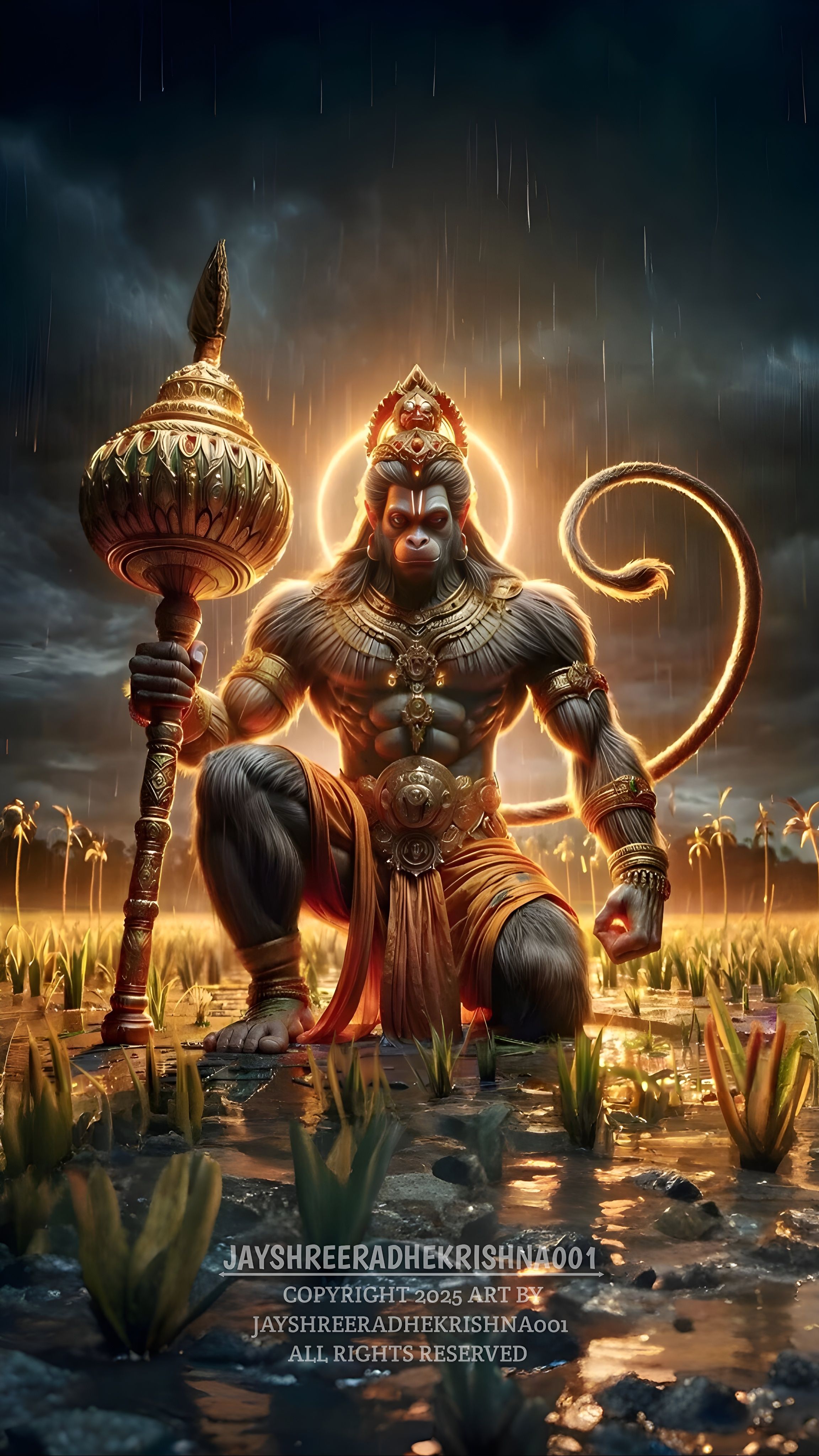 Hanuman holding gada during a rainstorm