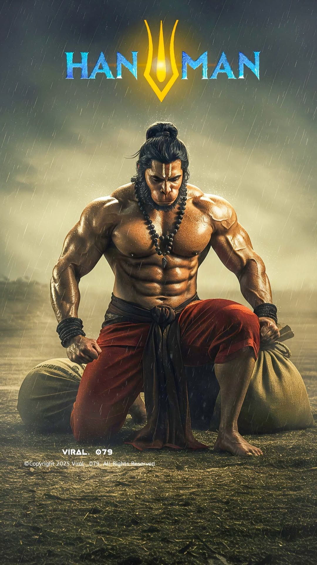 Powerful Hanuman with mace, devotional art