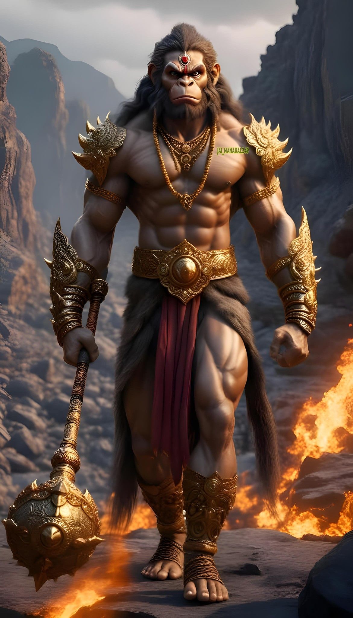 Powerful Hanuman with mace, divine warrior