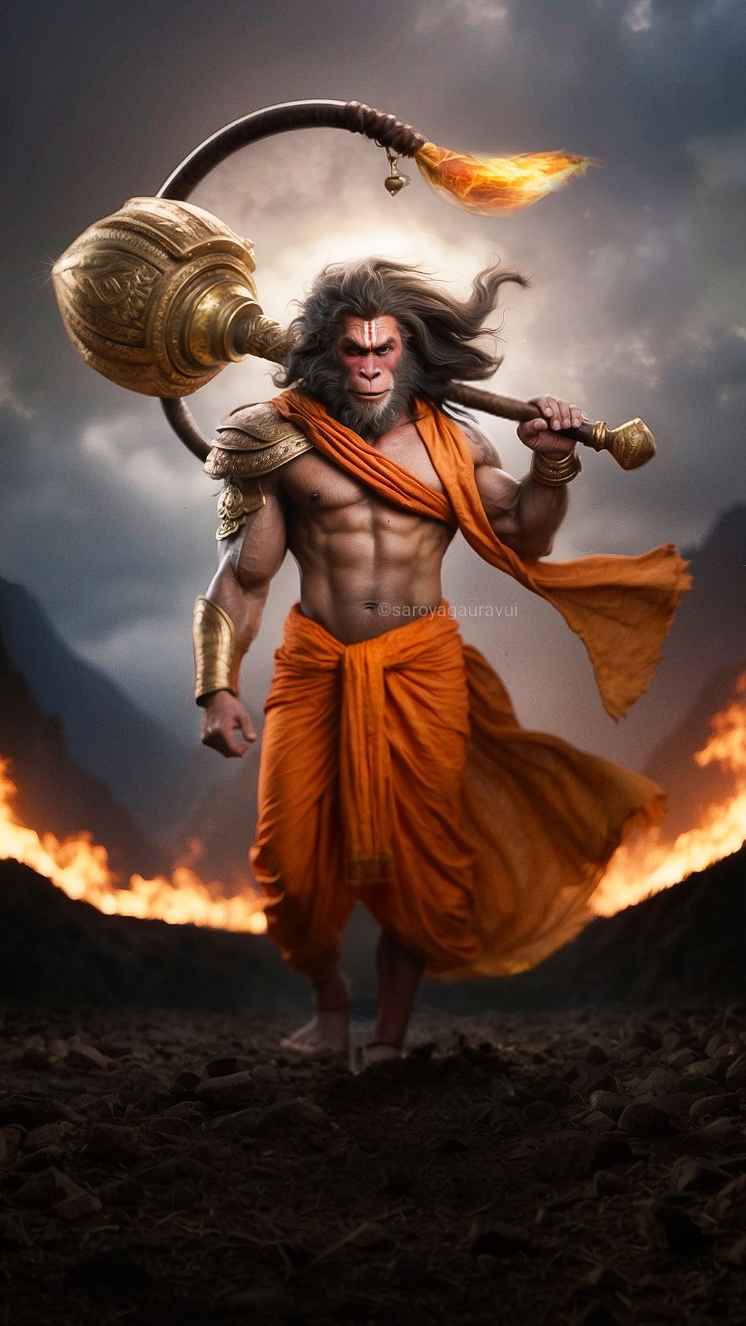 Powerful Hanuman with golden mace.