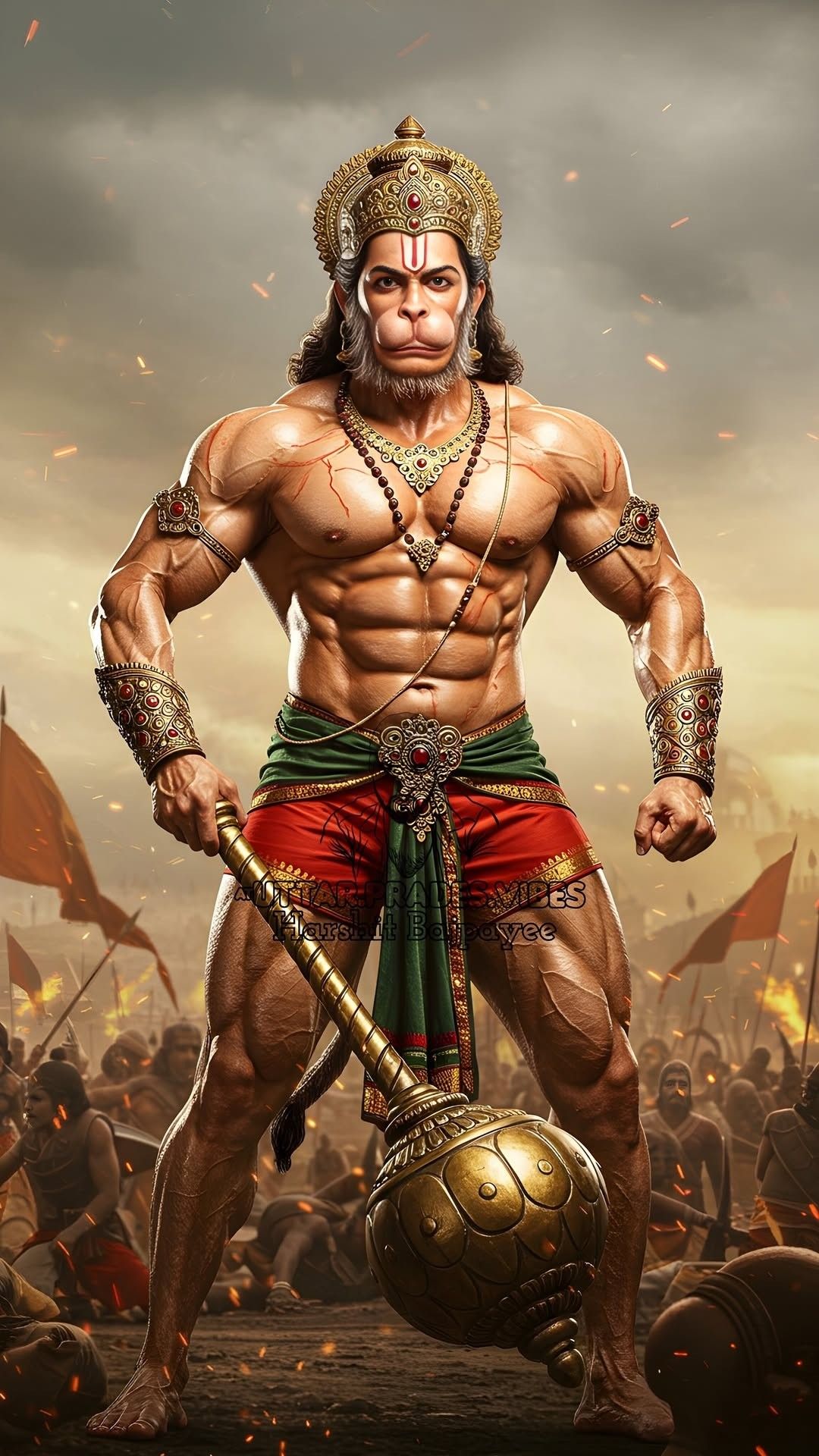 Powerful Hanuman with golden mace.