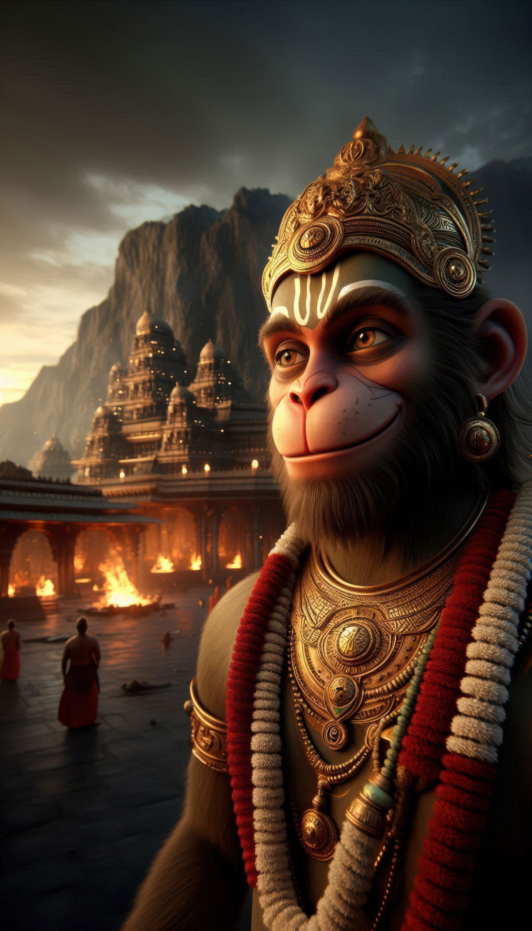 Hanuman guards a temple at sunset.