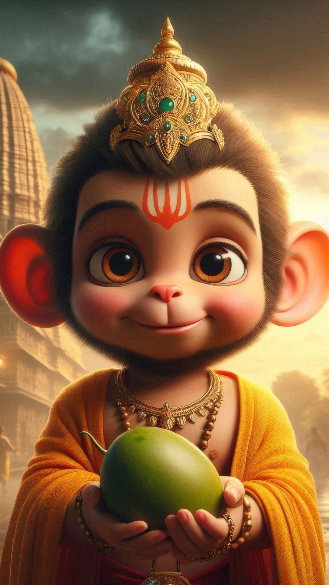 Baby Hanuman offering a green fruit