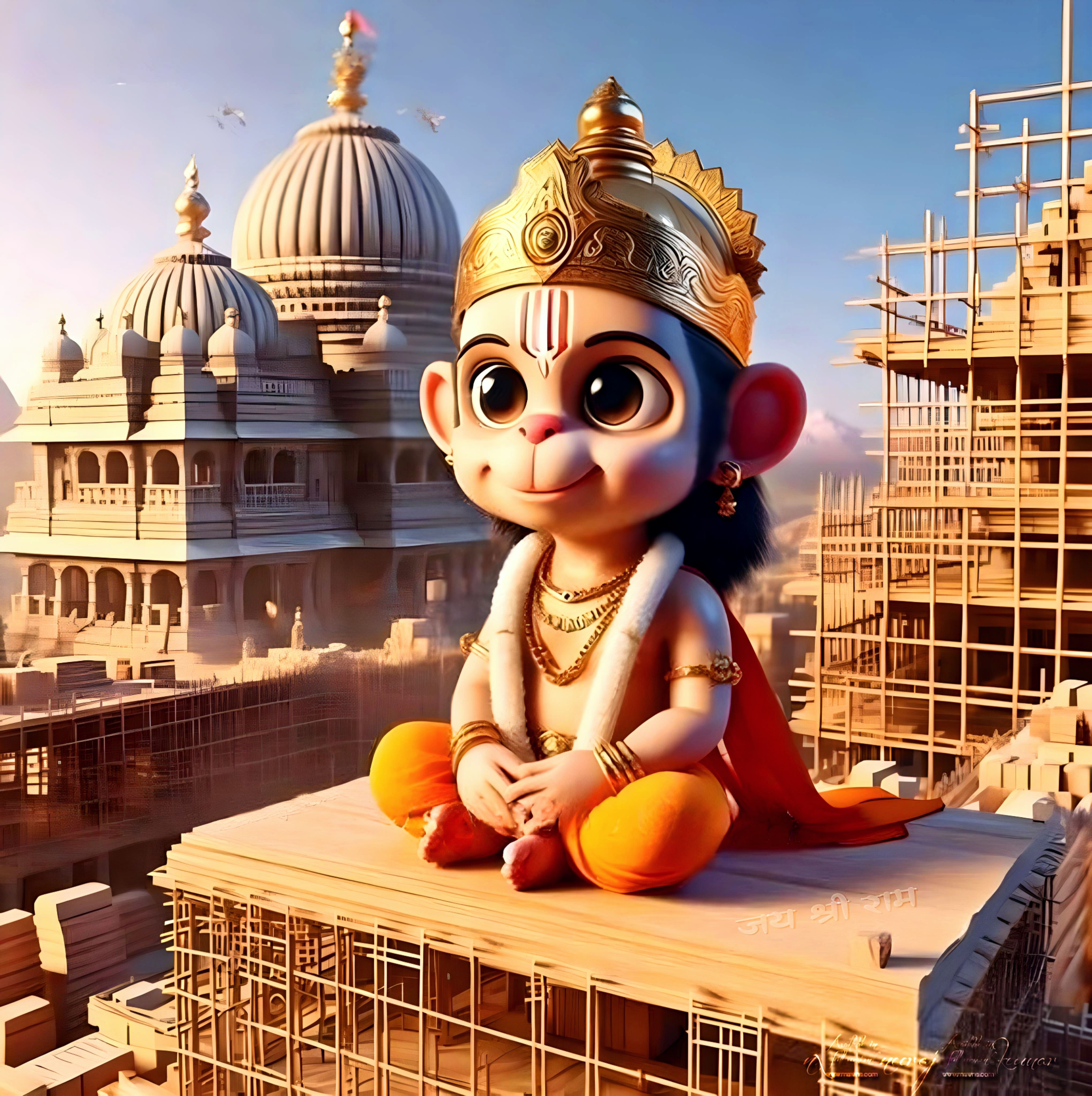 Cute Hanuman sitting atop temple.