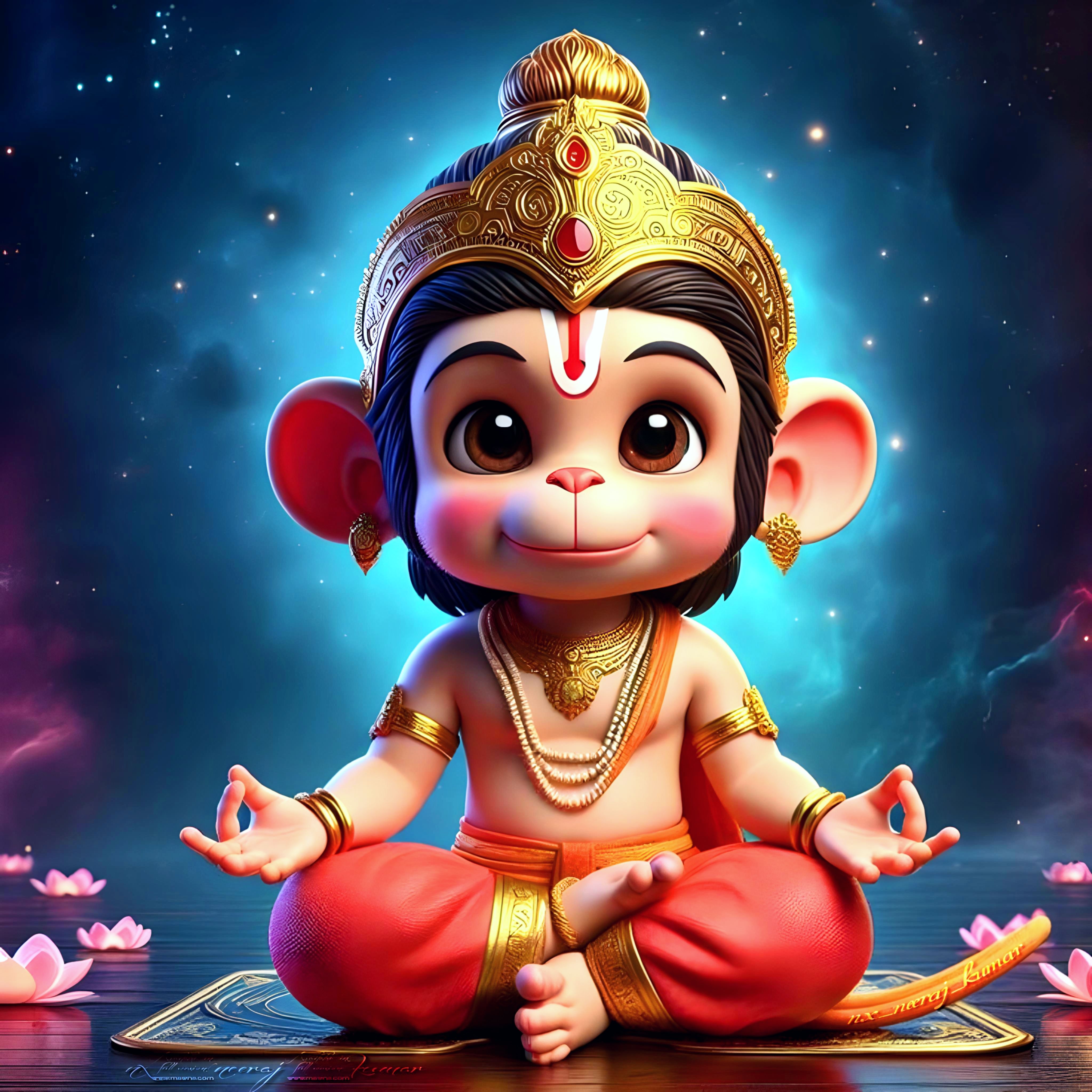 Cute baby Hanuman meditating on lotus.