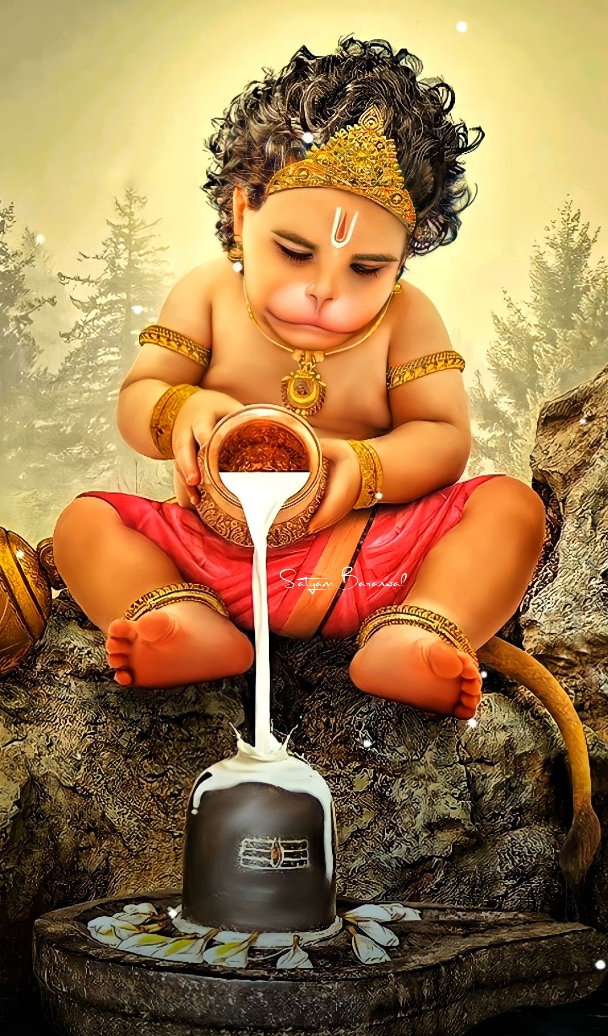 Young Hanuman pouring milk from pot