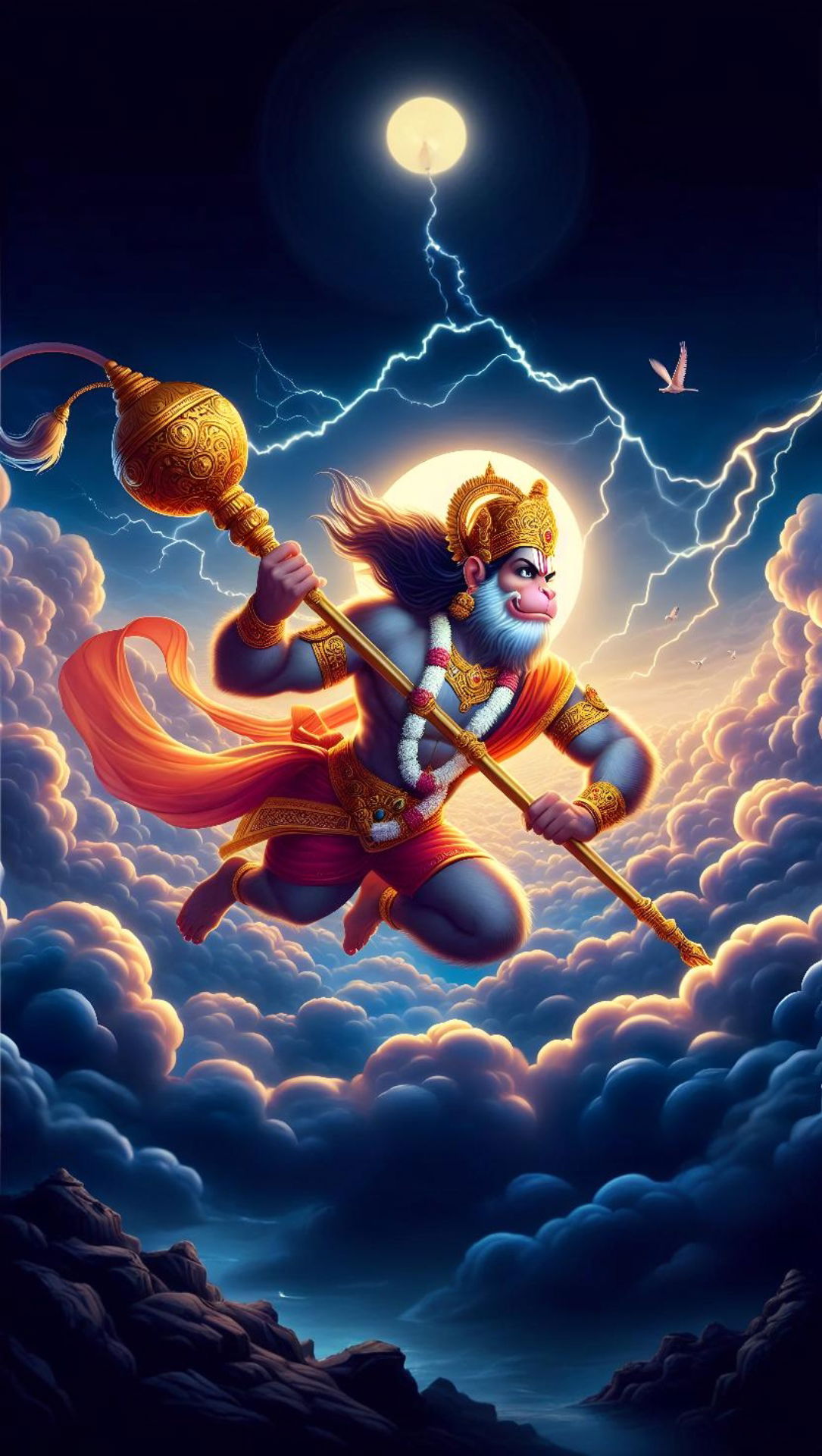 Hanuman flies amidst lightning and clouds