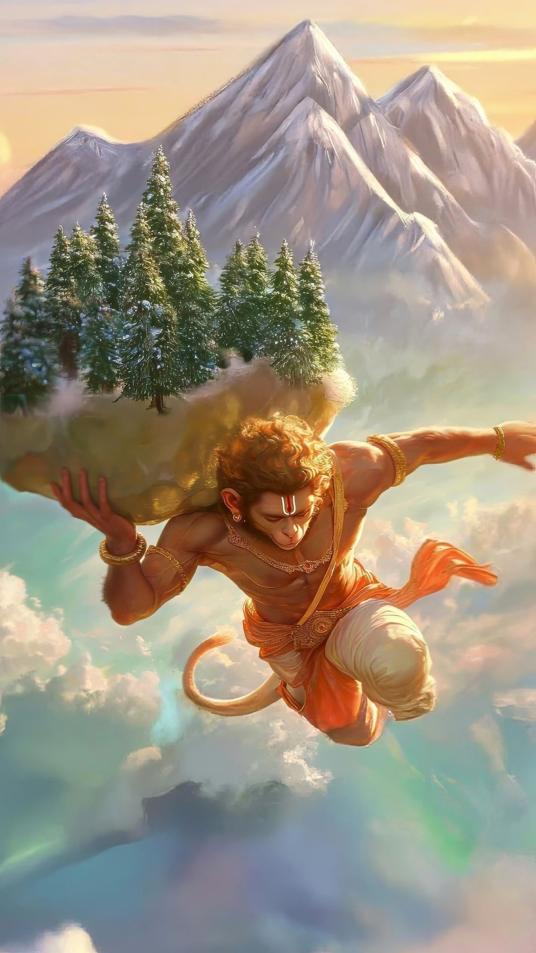 Hanuman carrying a mountain in the sky