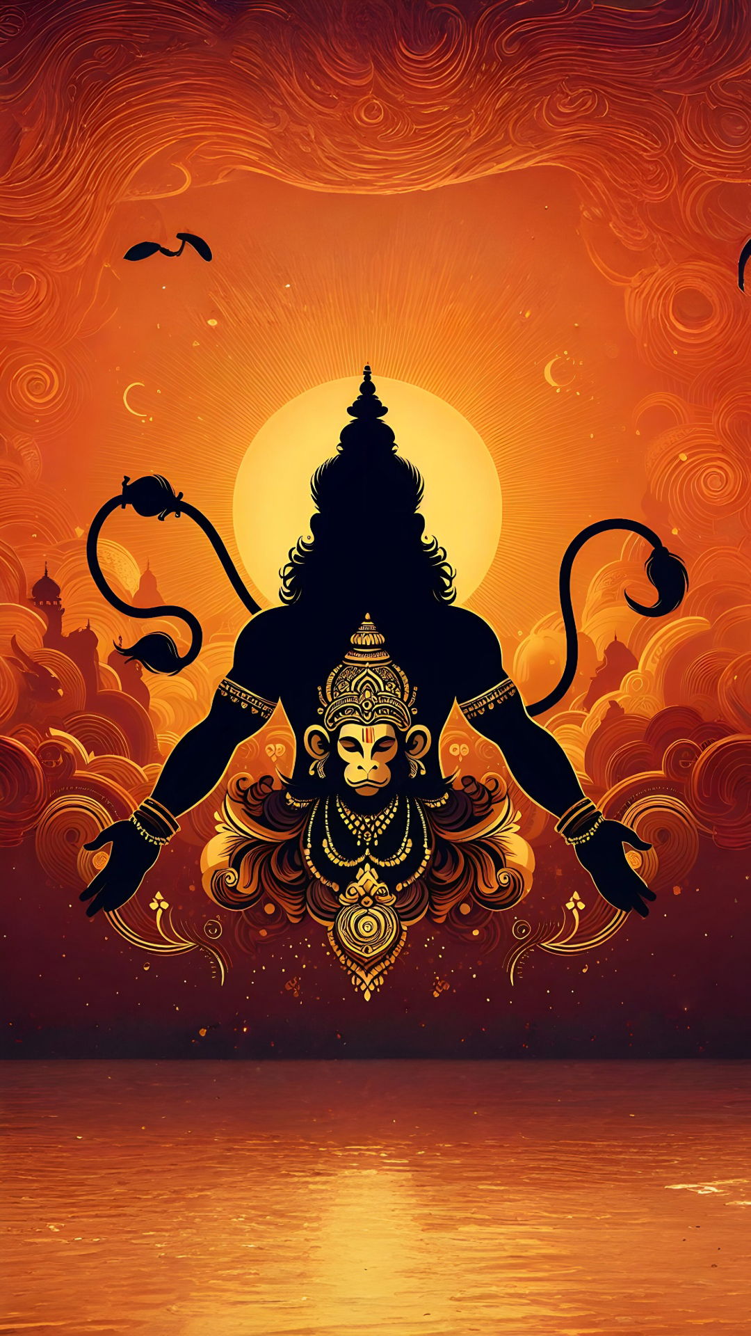Hanuman silhouette against a fiery sun