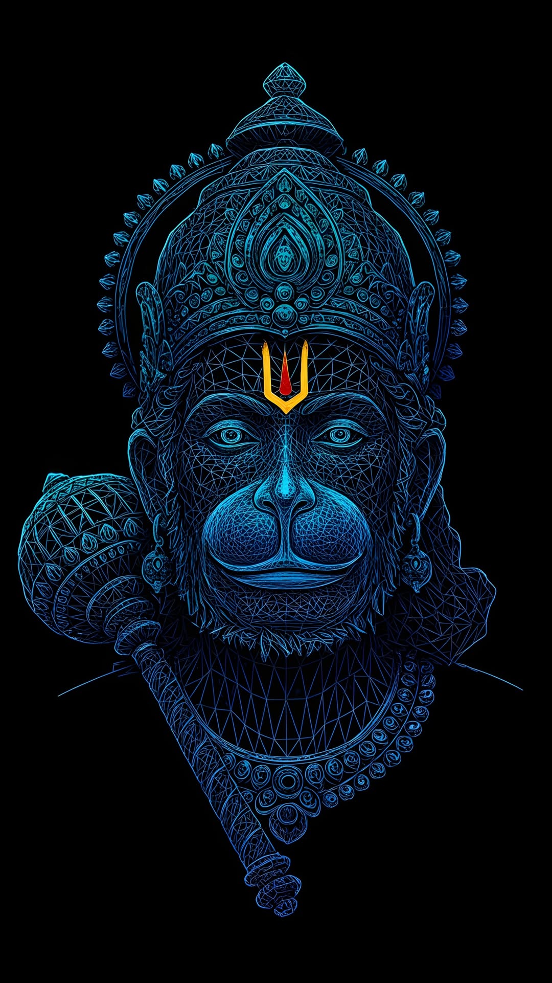Geometric Hanuman face, divine and strong.