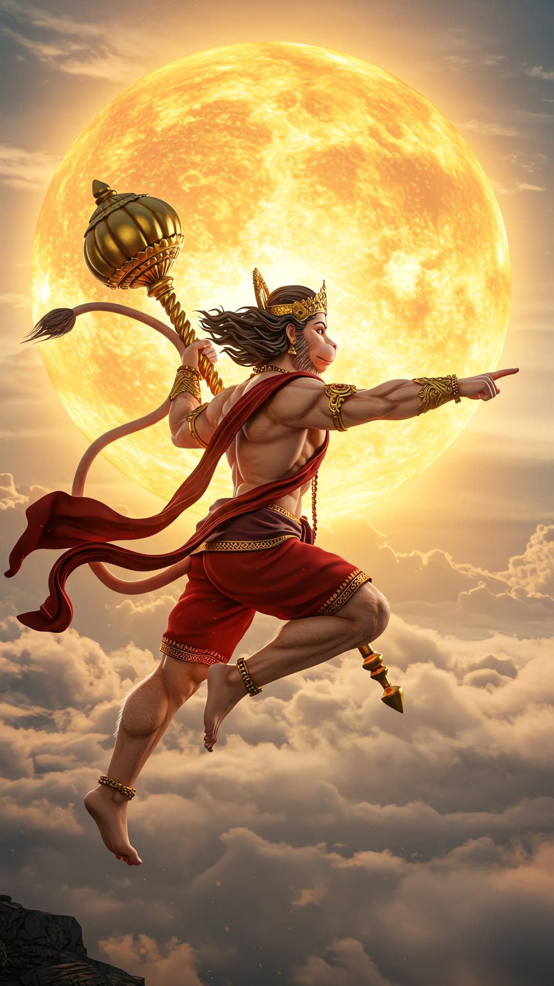 Hanuman flying with mace against sun