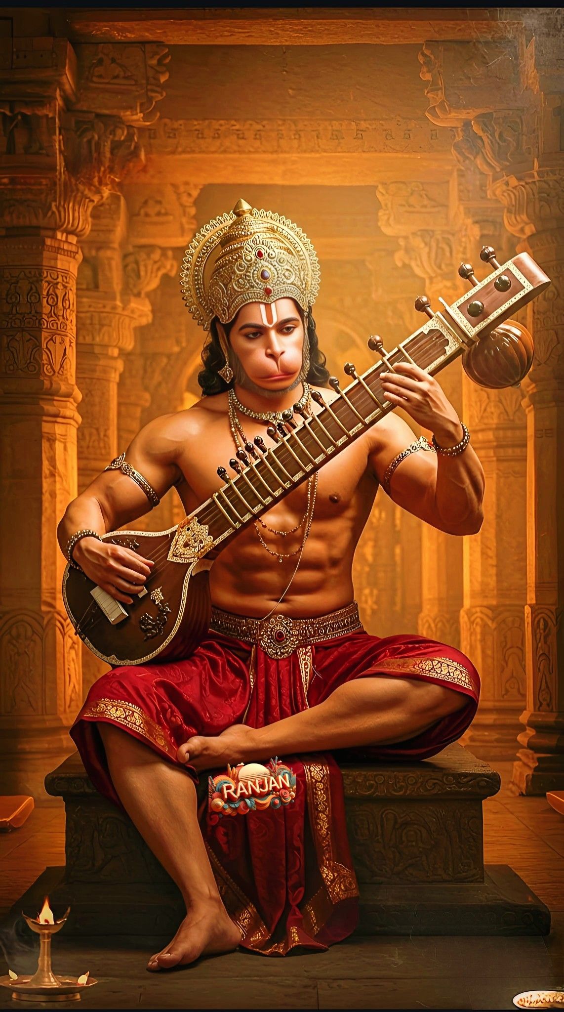 Hanuman playing a divine musical instrument