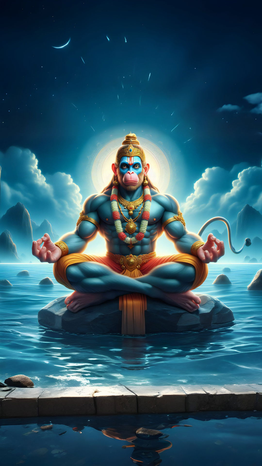 Hanuman meditating on ocean rocks