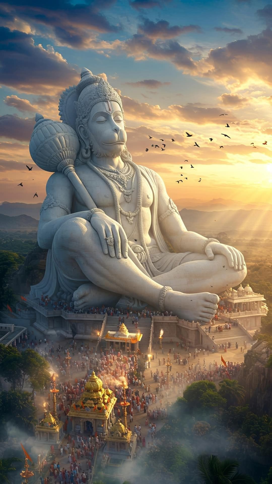 Hanuman statue overlooking a temple complex.