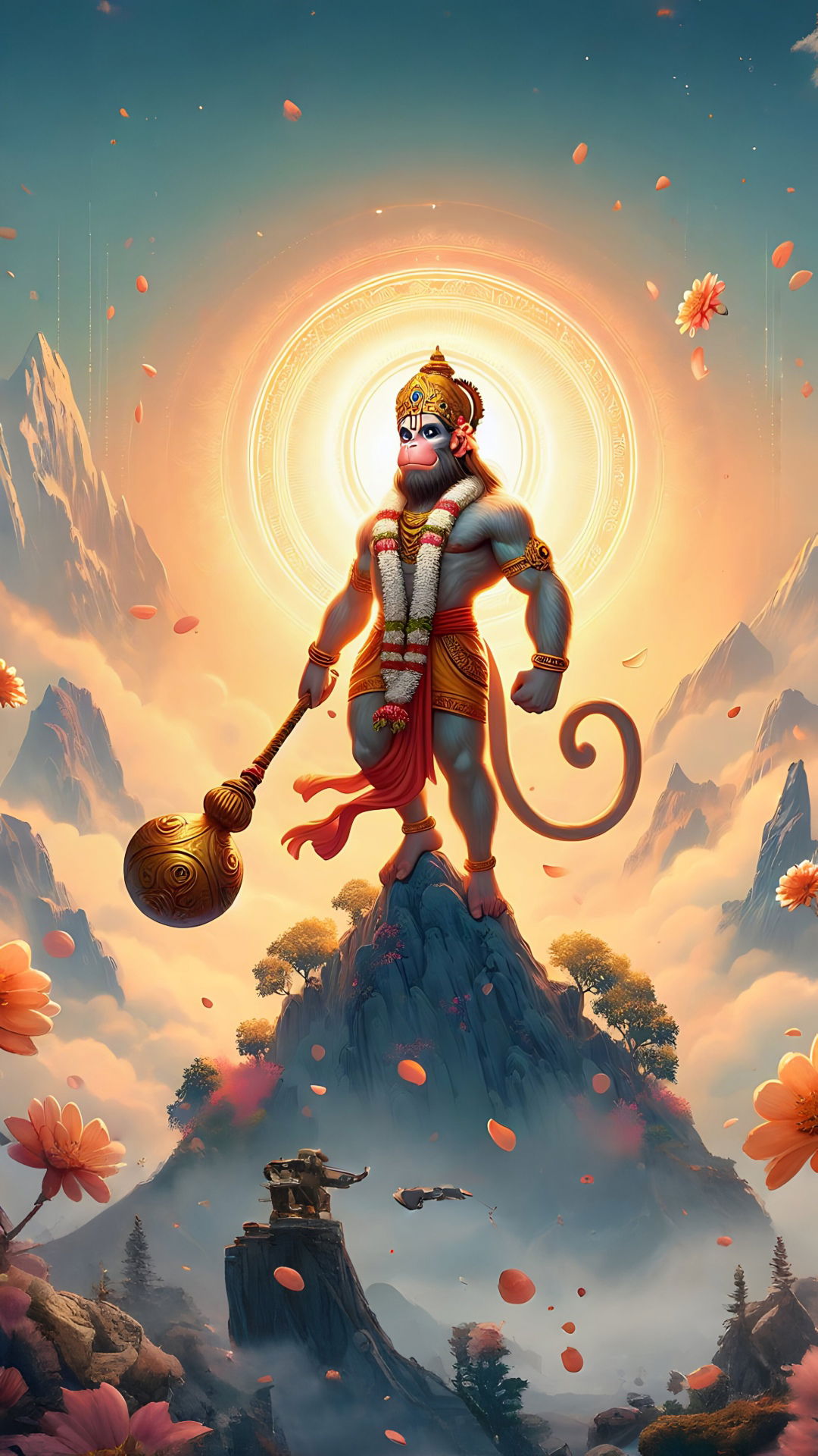 Hanuman standing atop a mountain peak.
