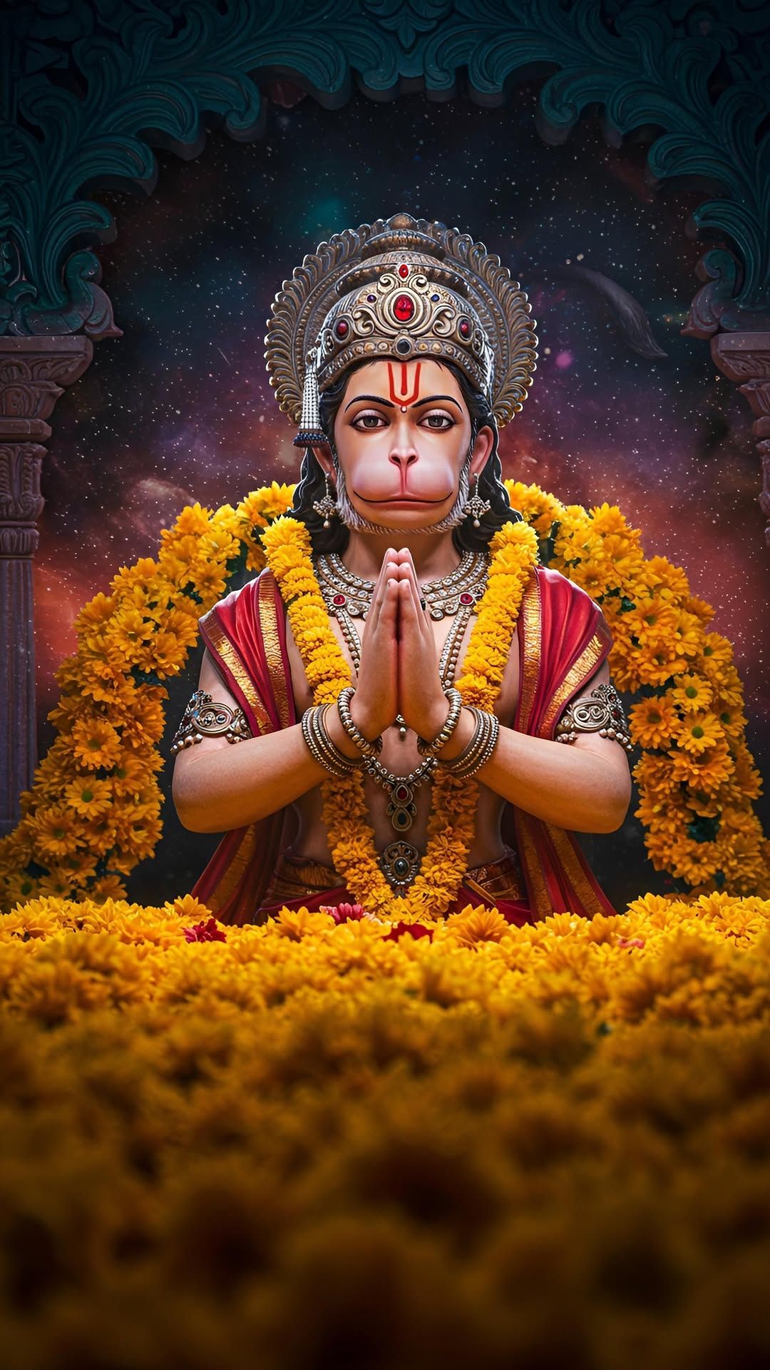 Hanuman offering prayers amidst cosmos