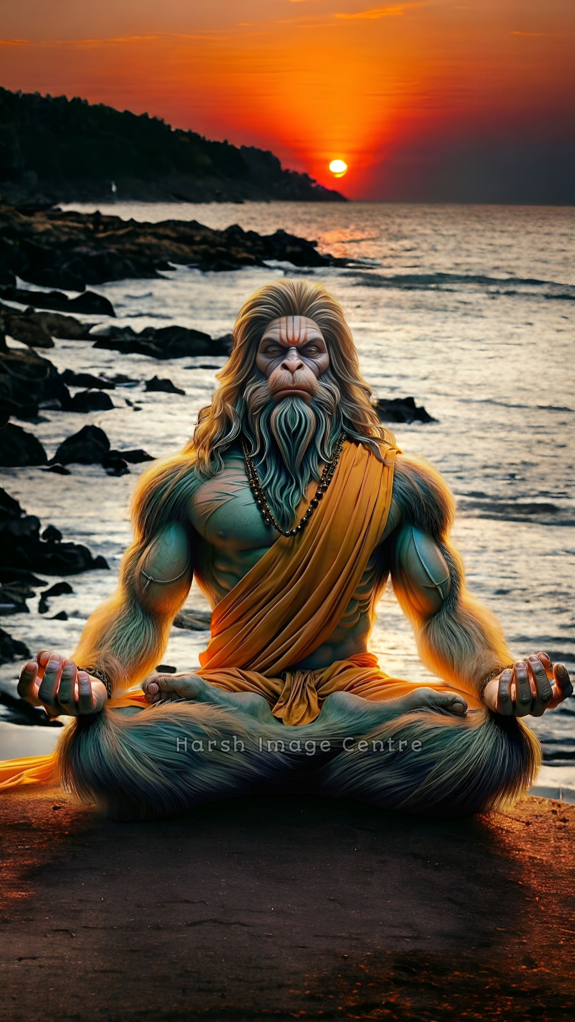 Hanuman meditating at sunset on beach