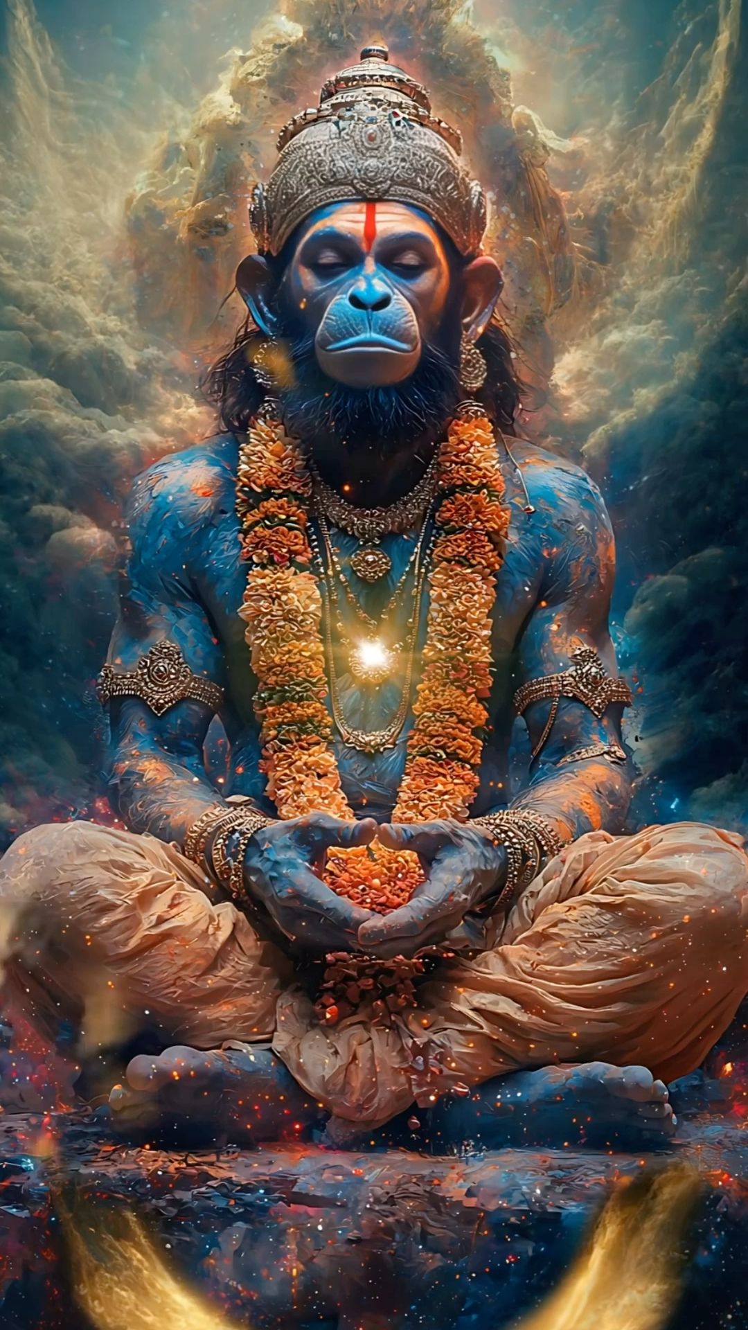 Meditating Hanuman with cosmic background.