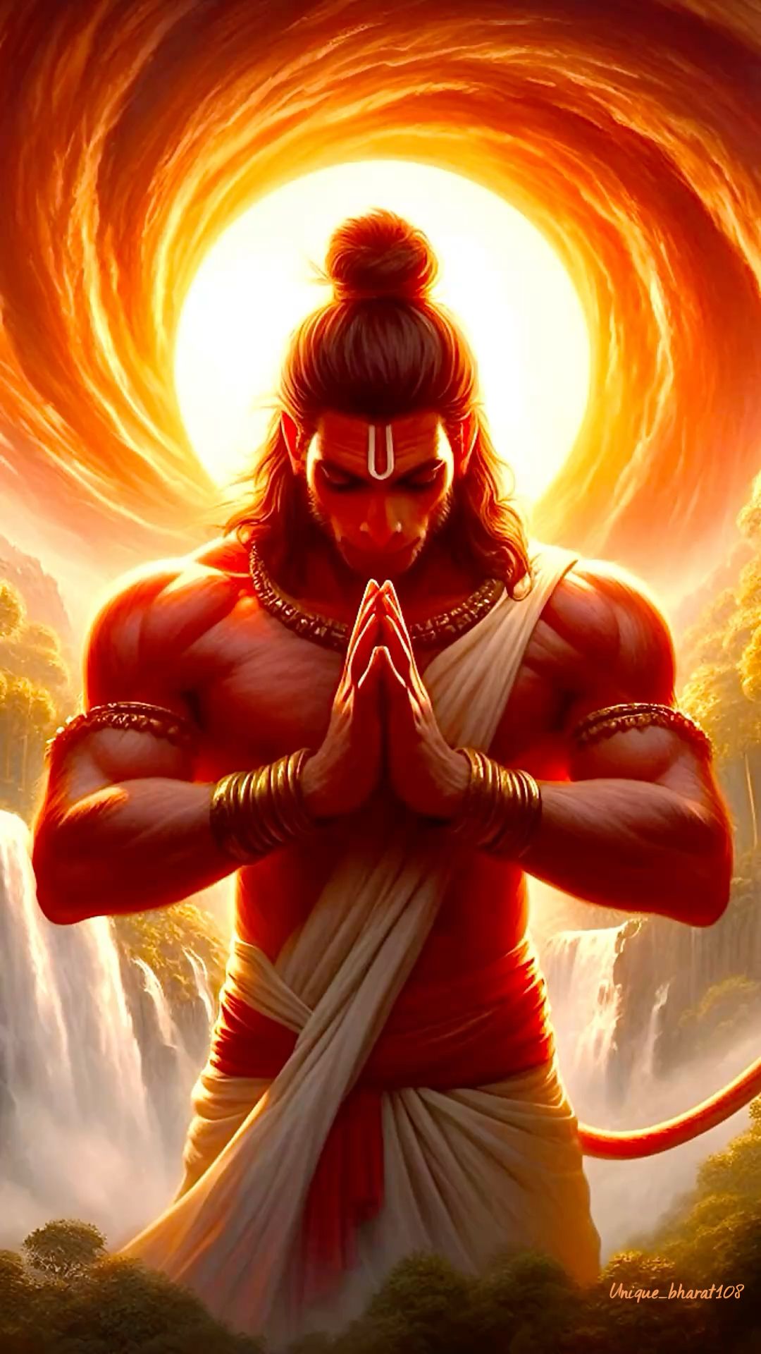 Hanuman in prayer, divine and peaceful.
