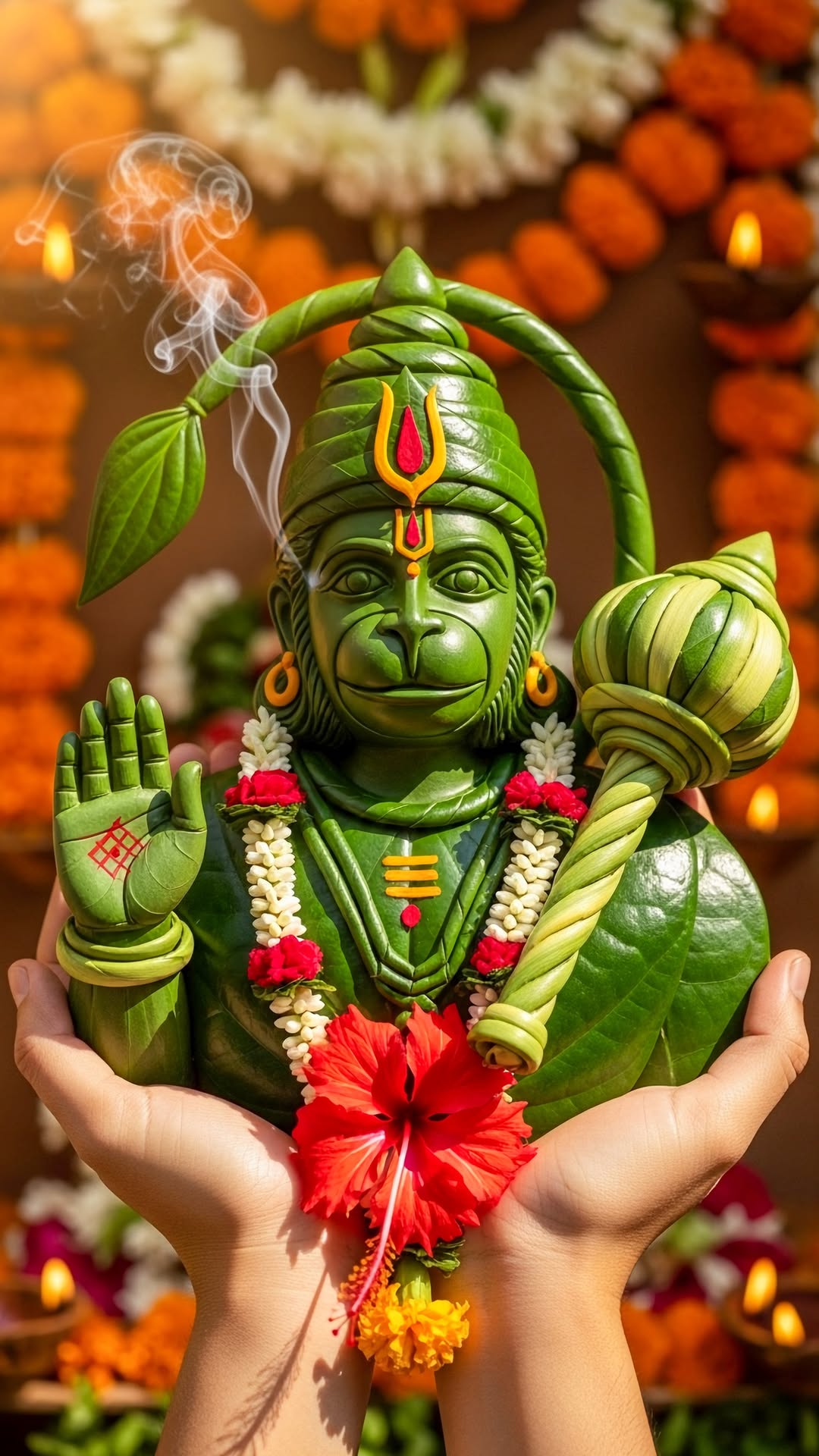 Hanuman crafted from leaves, floral blessing