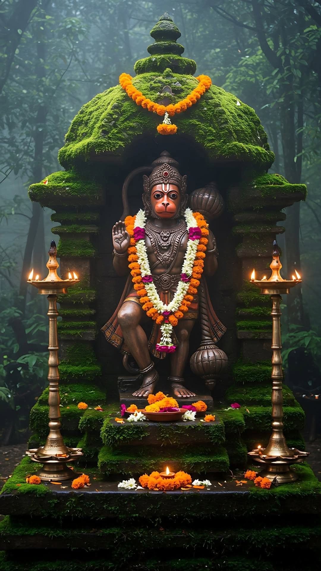 Hanuman statue amidst lush greenery