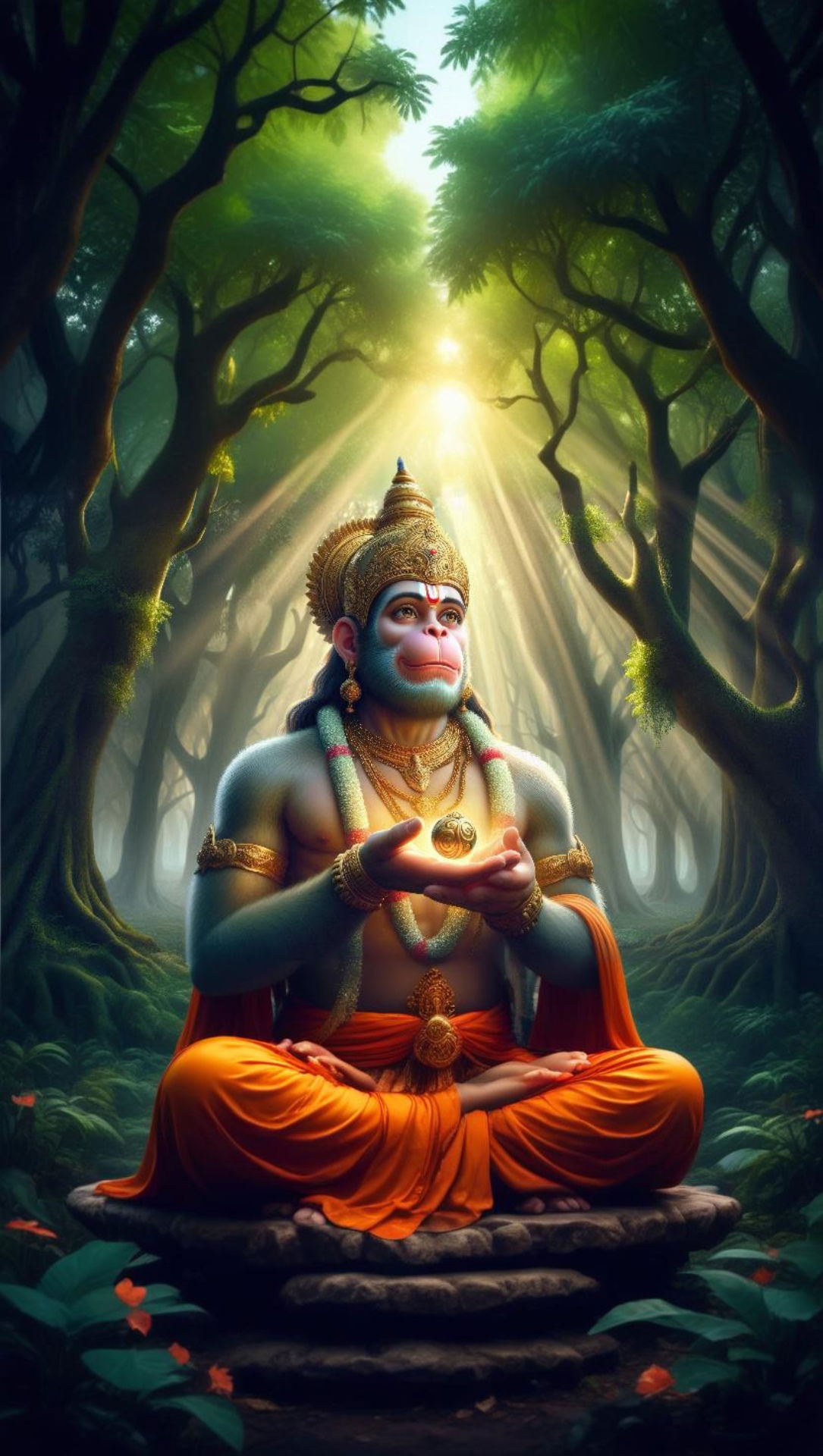 Hanuman meditating in a lush forest
