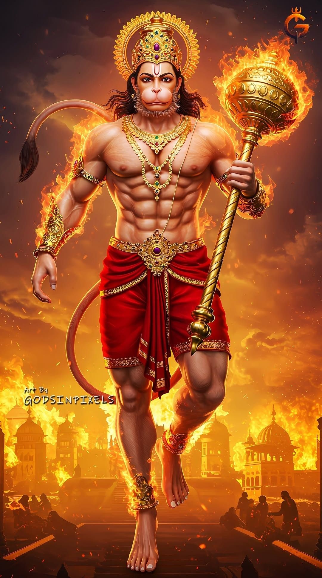 Powerful Hanuman with mace amidst flames