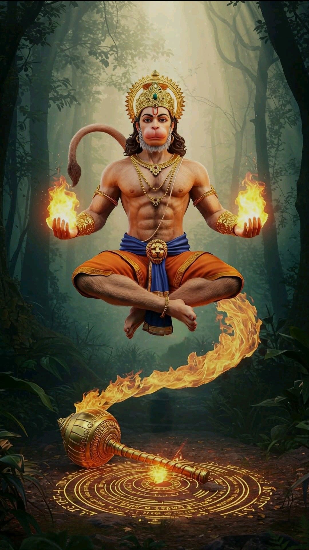 Hanuman meditating with fiery power.