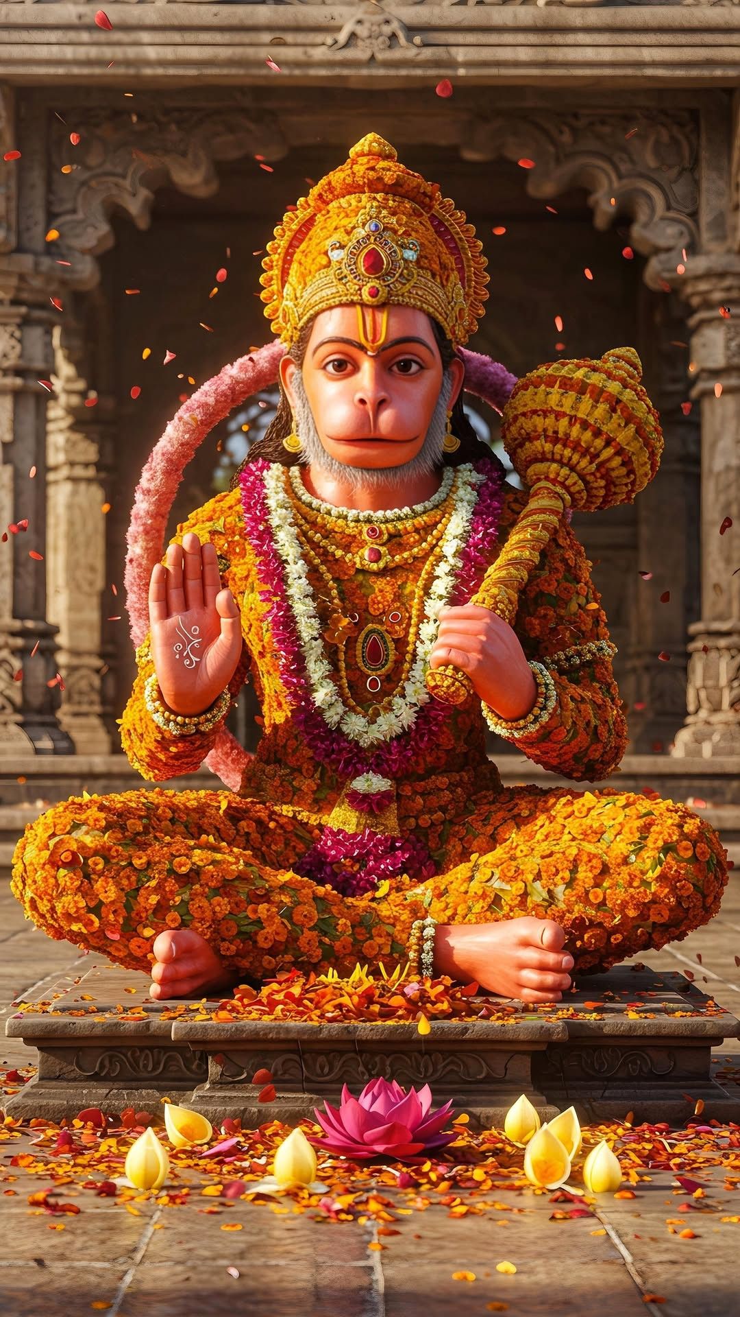 Hanuman adorned in flowers, divine blessing.