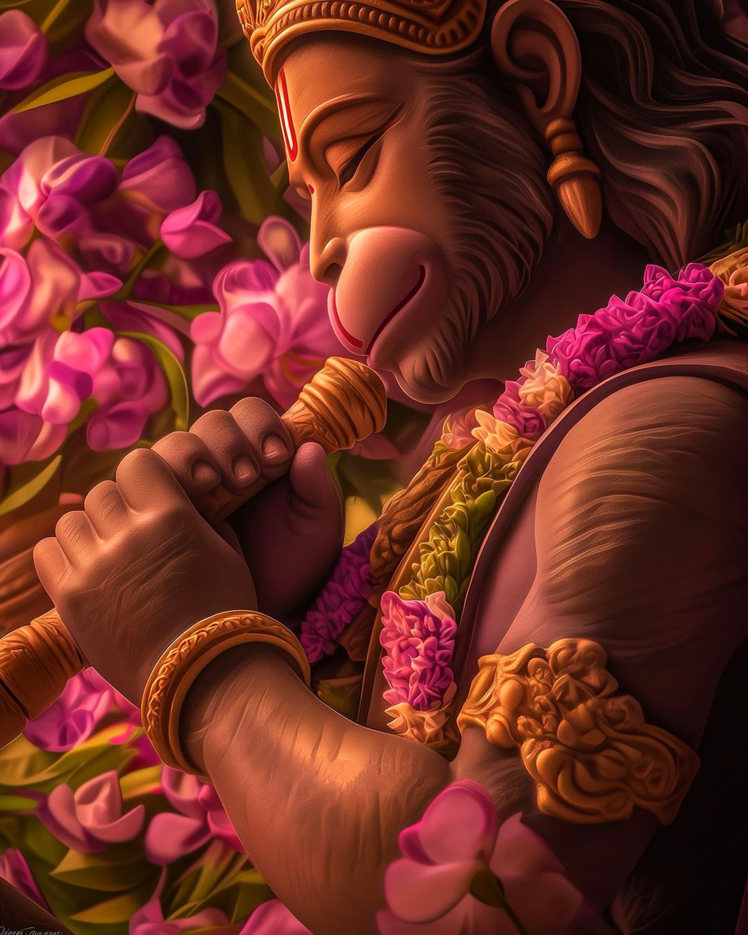 Hanuman surrounded by beautiful pink flowers