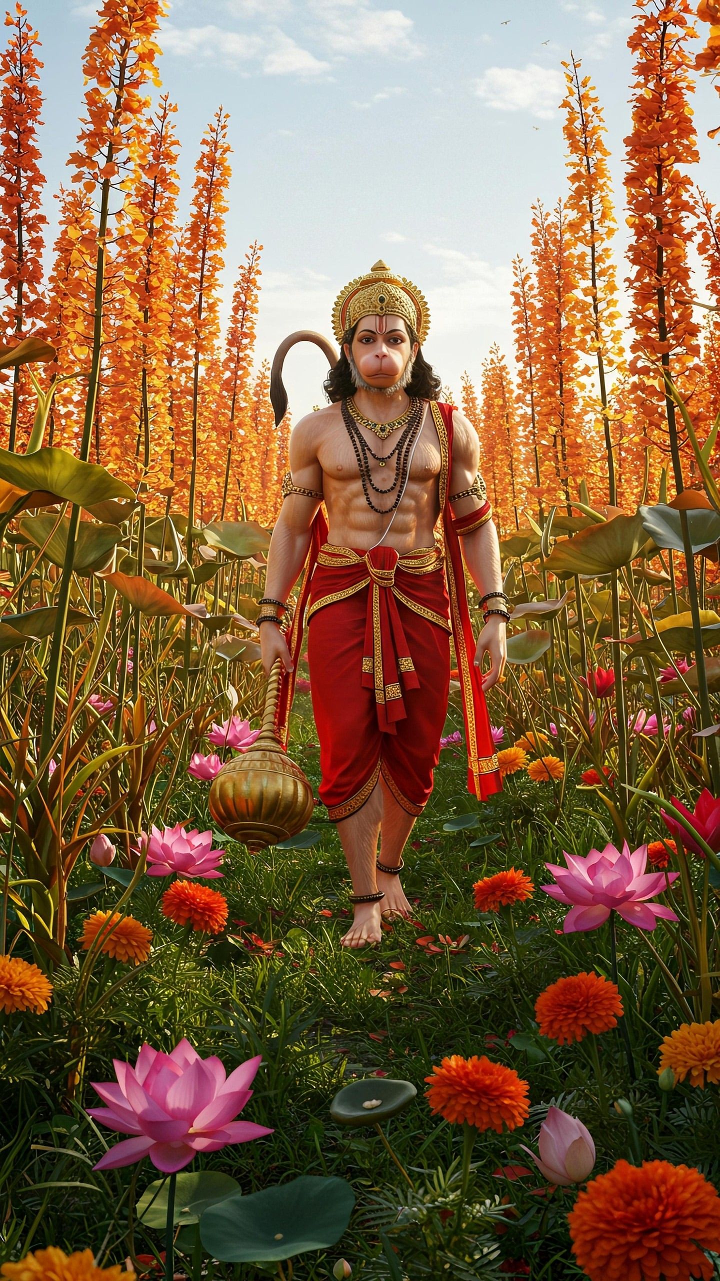 Hanuman amidst a vibrant floral landscape
