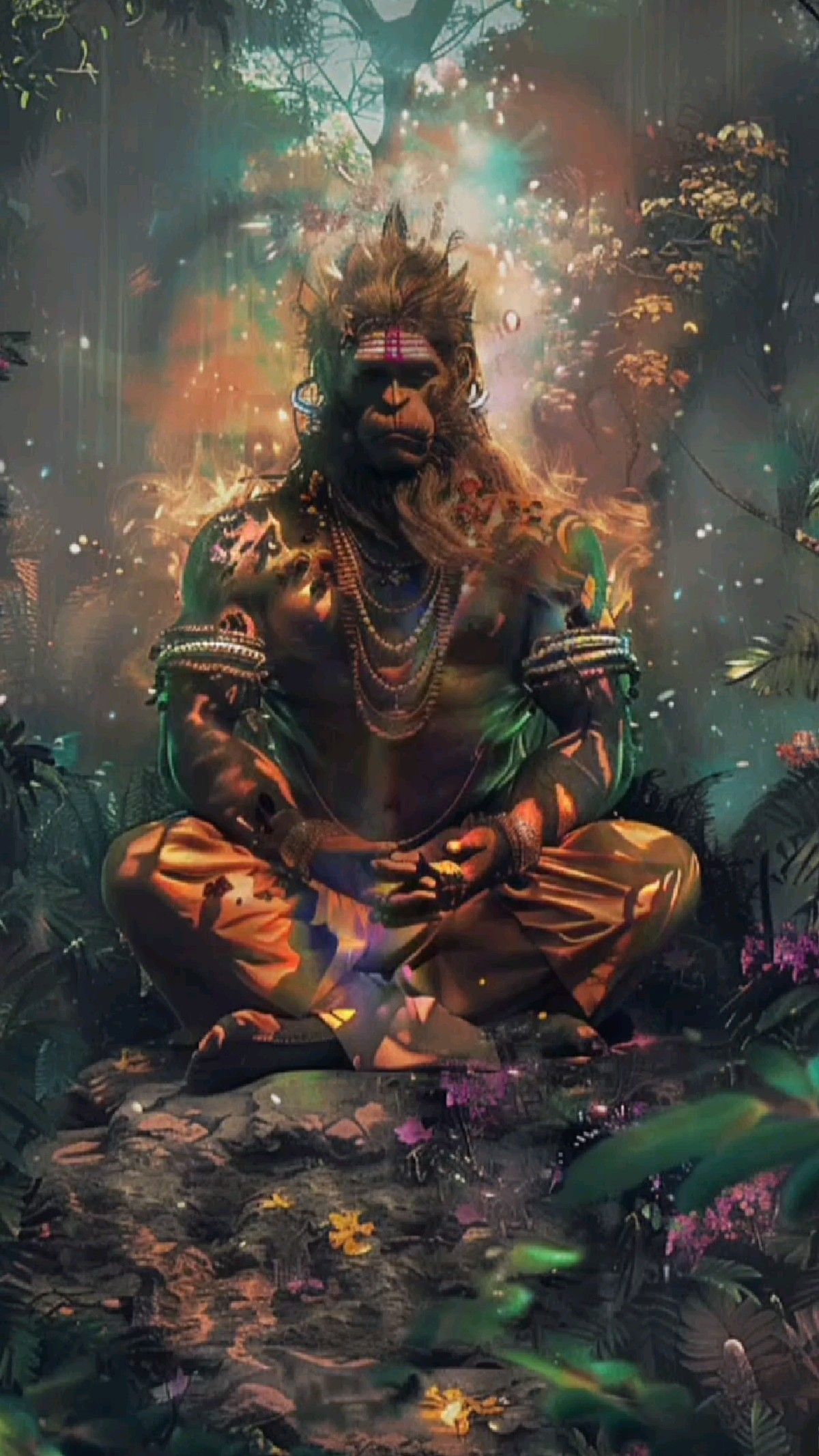 Hanuman meditating in a lush forest.