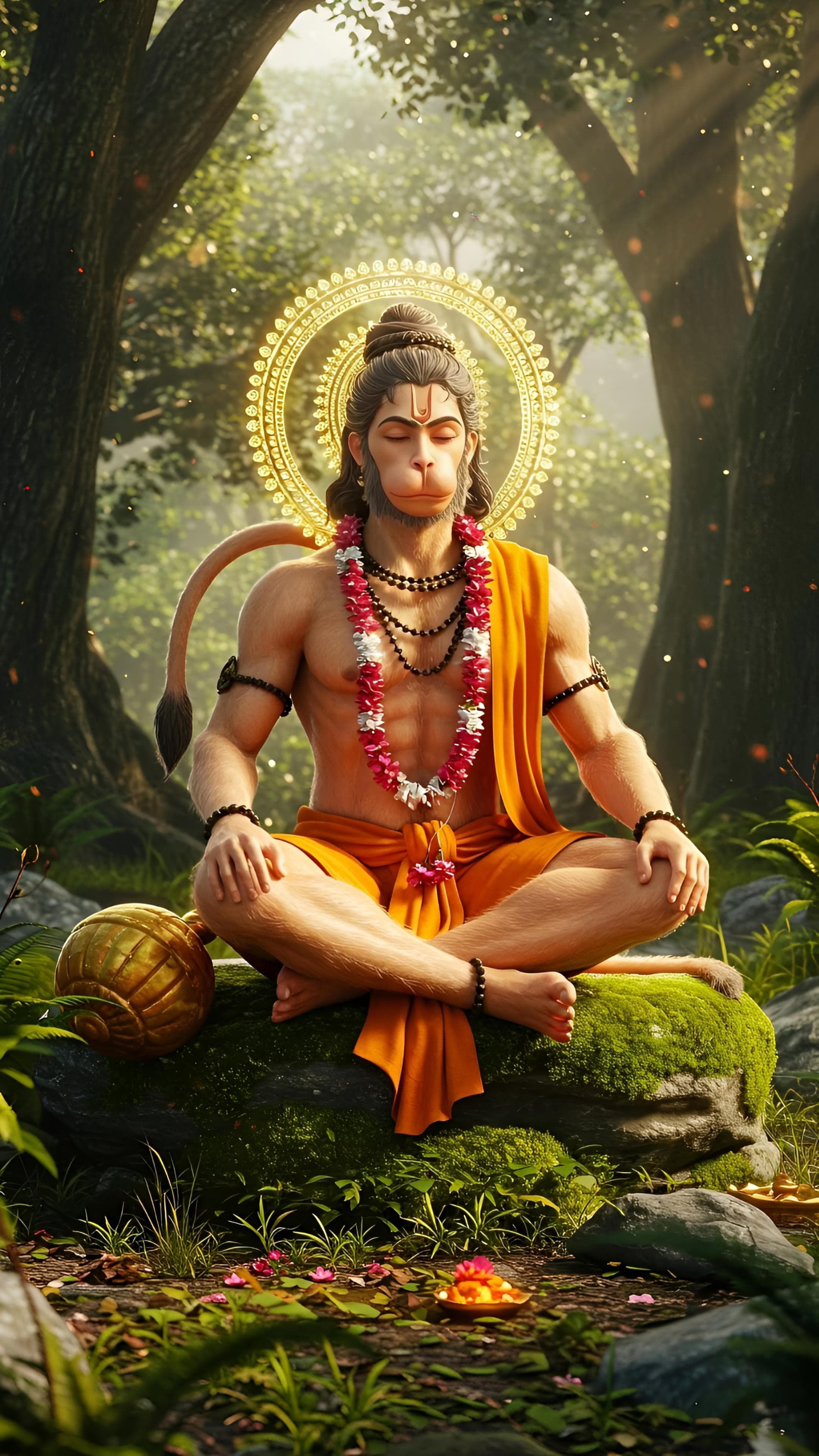 Hanuman meditating in lush forest scene