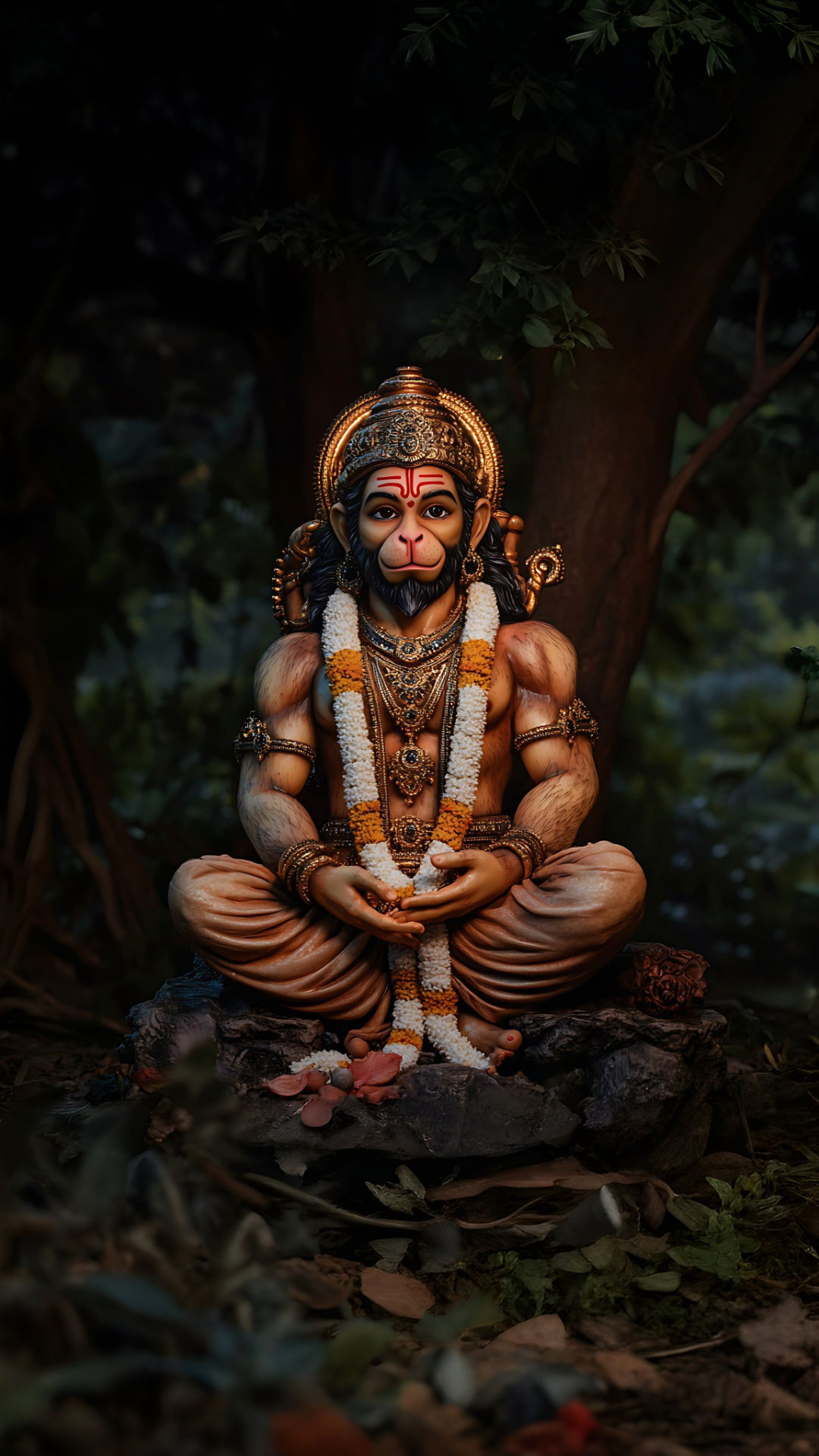 Hanuman meditating in a lush forest