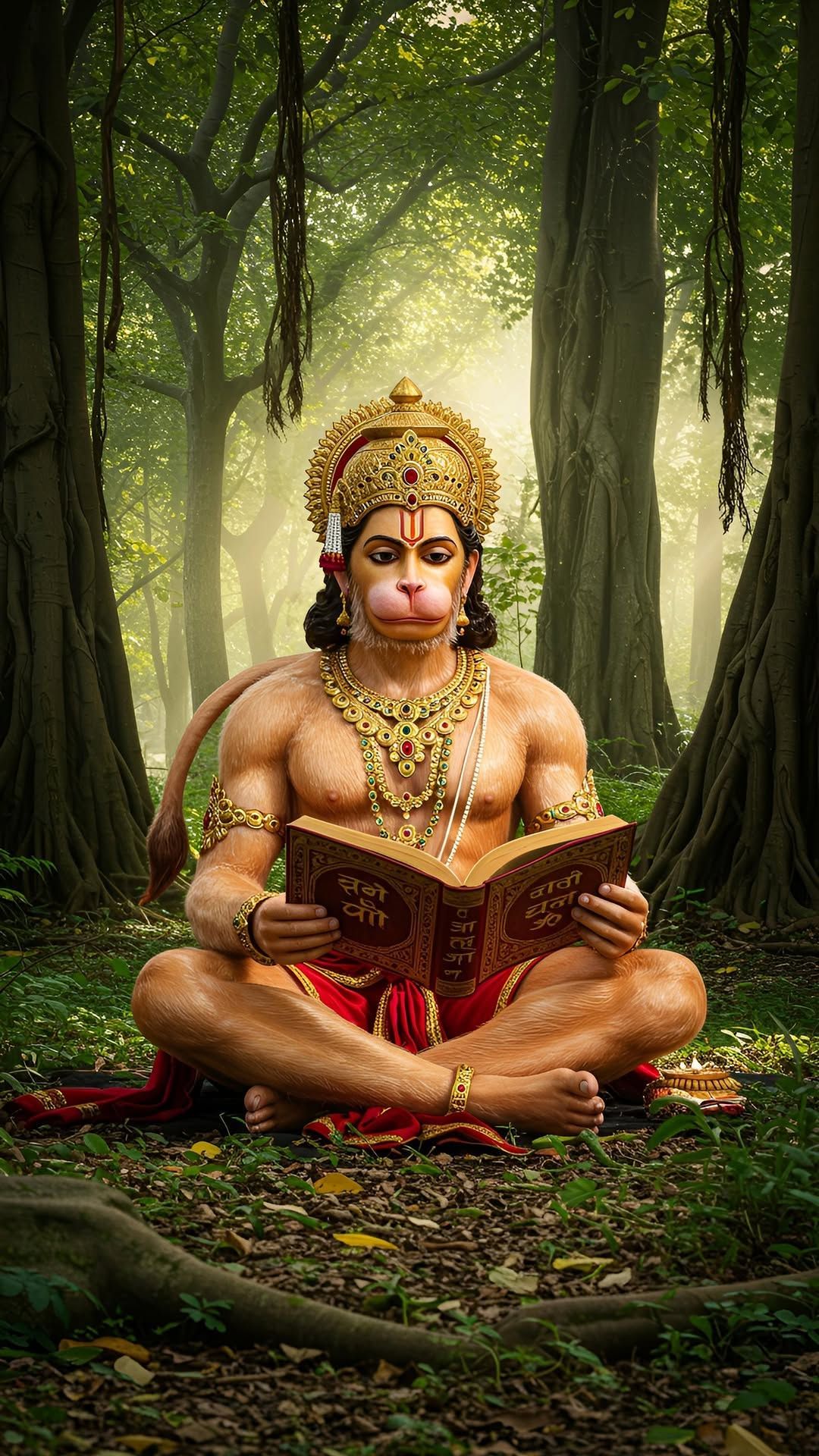 Hanuman reading sacred scripture in forest.