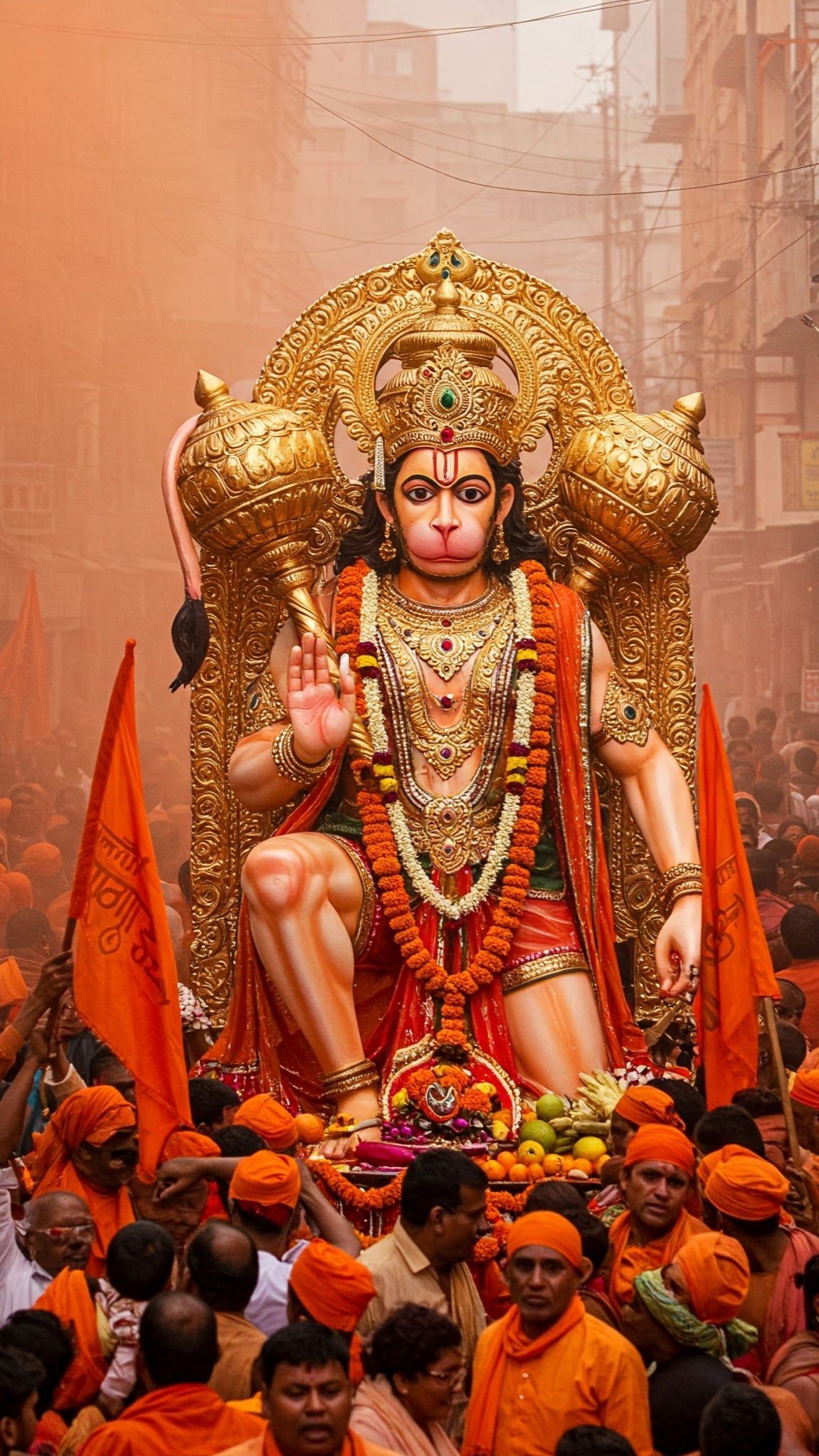 Hanuman carried in a vibrant procession.
