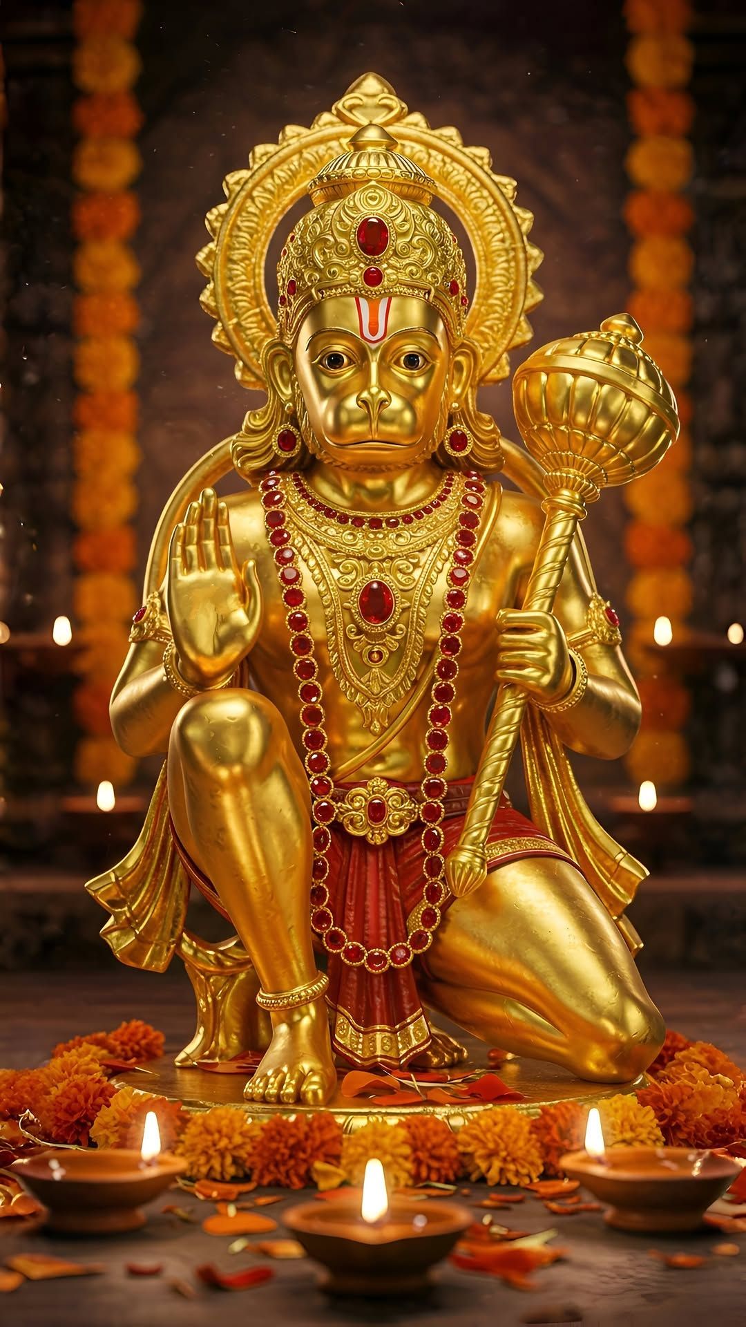 Golden Hanuman with mace and blessings