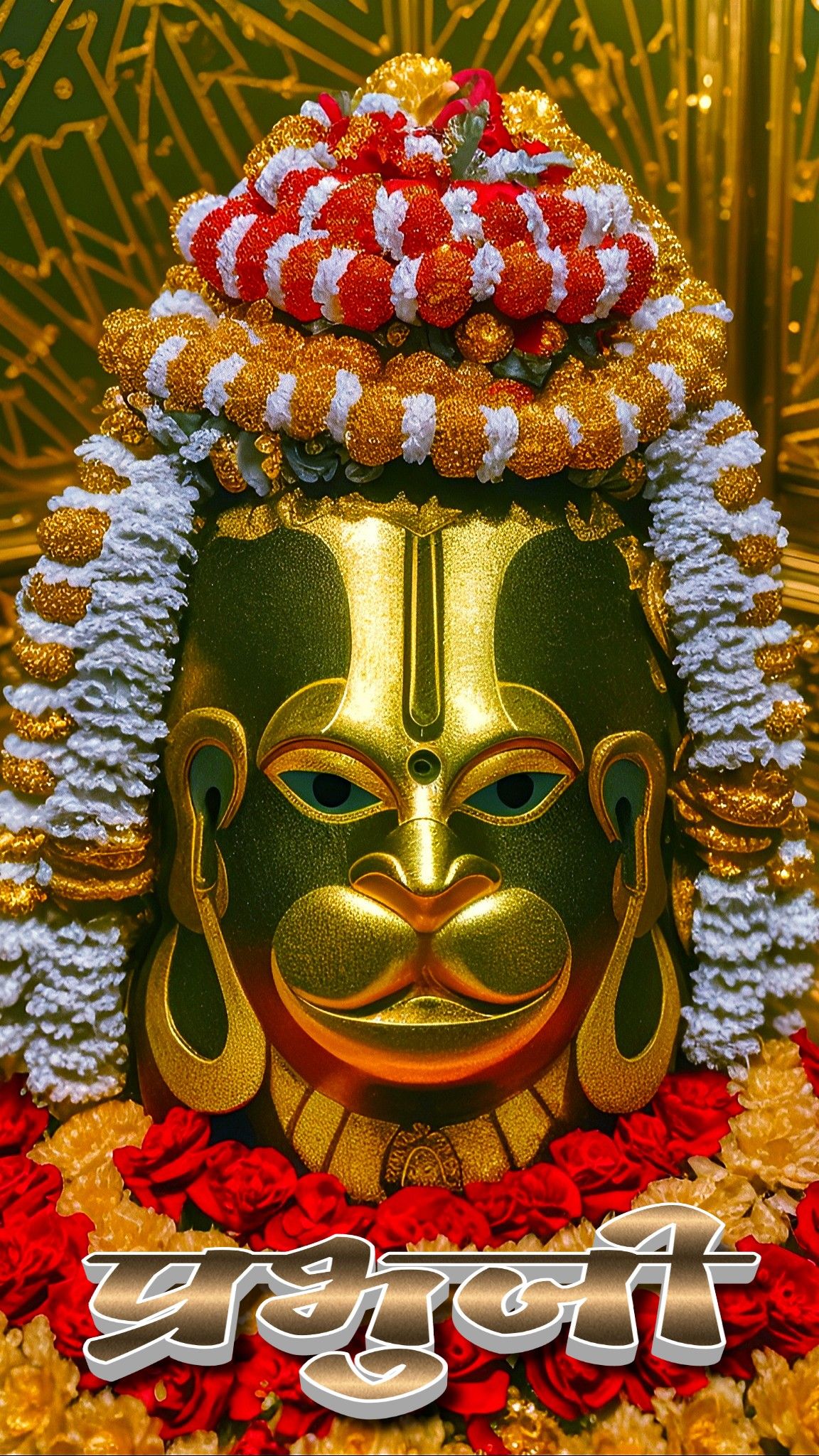 Hanuman face adorned with golden flowers