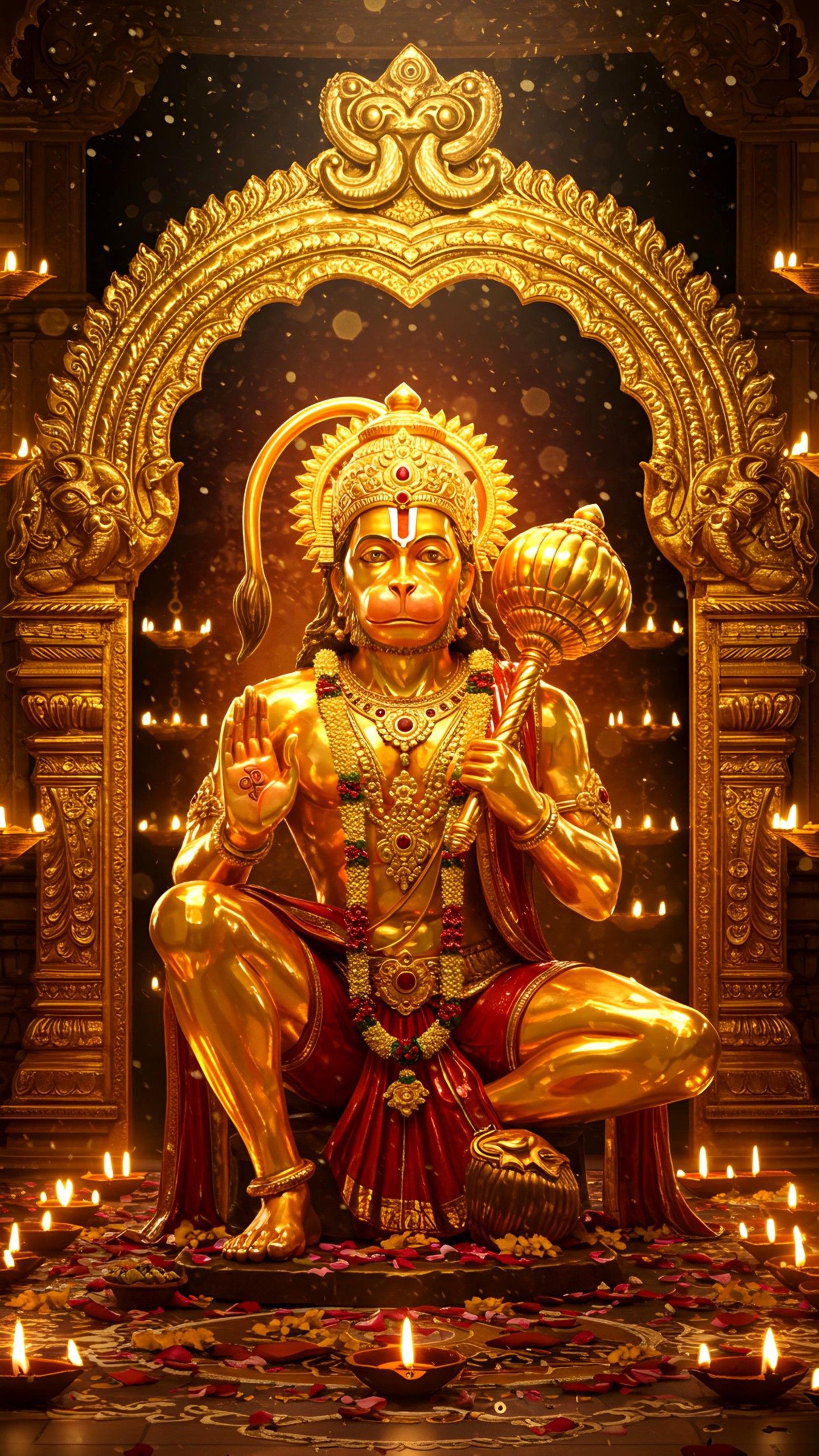 Golden Hanuman with Mace in Temple