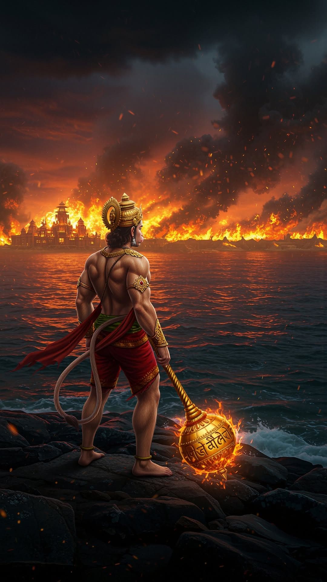 Hanuman overlooking burning Lanka, divine hero