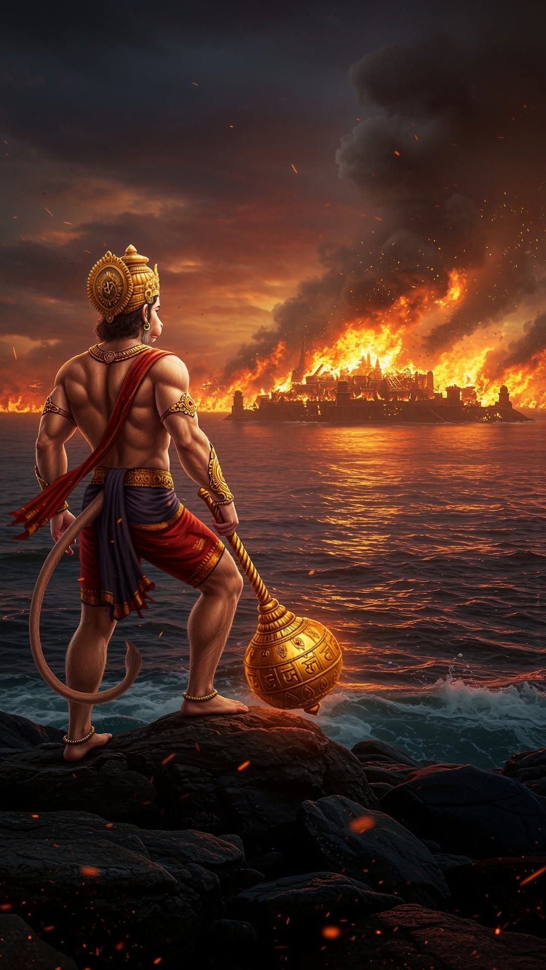 Hanuman overlooking burning Lanka, divine warrior.